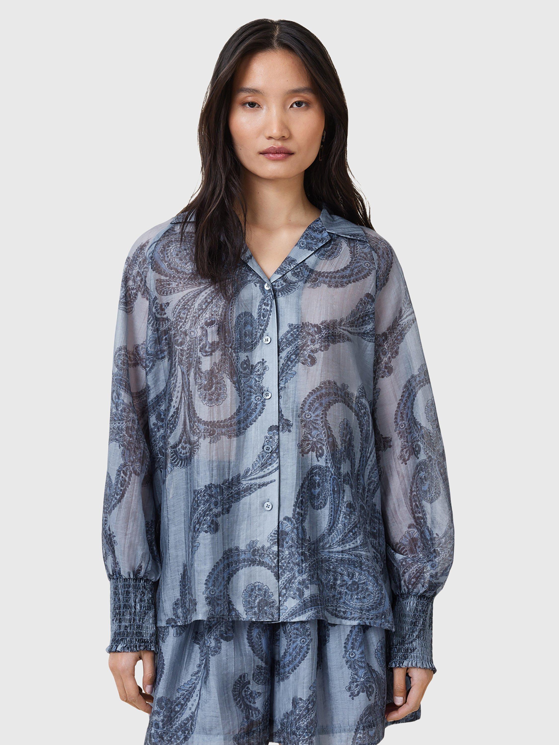 Product image 1 of 6, which shows AllSaints Isla Paisley Swirl Shirt, Lita Denim Blue, 14