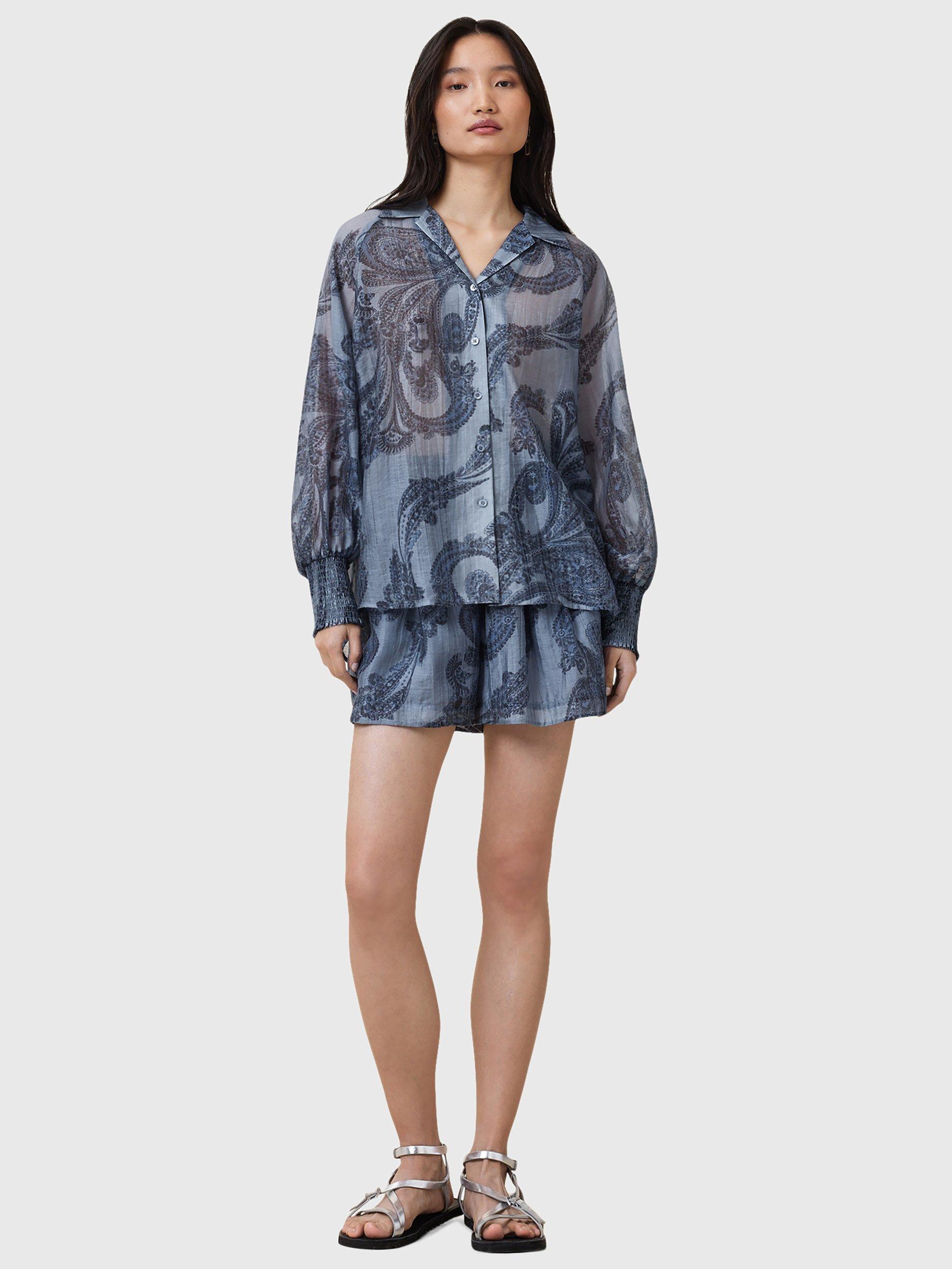 Product image 3 of 6, which shows AllSaints Isla Paisley Swirl Shirt, Lita Denim Blue, 14