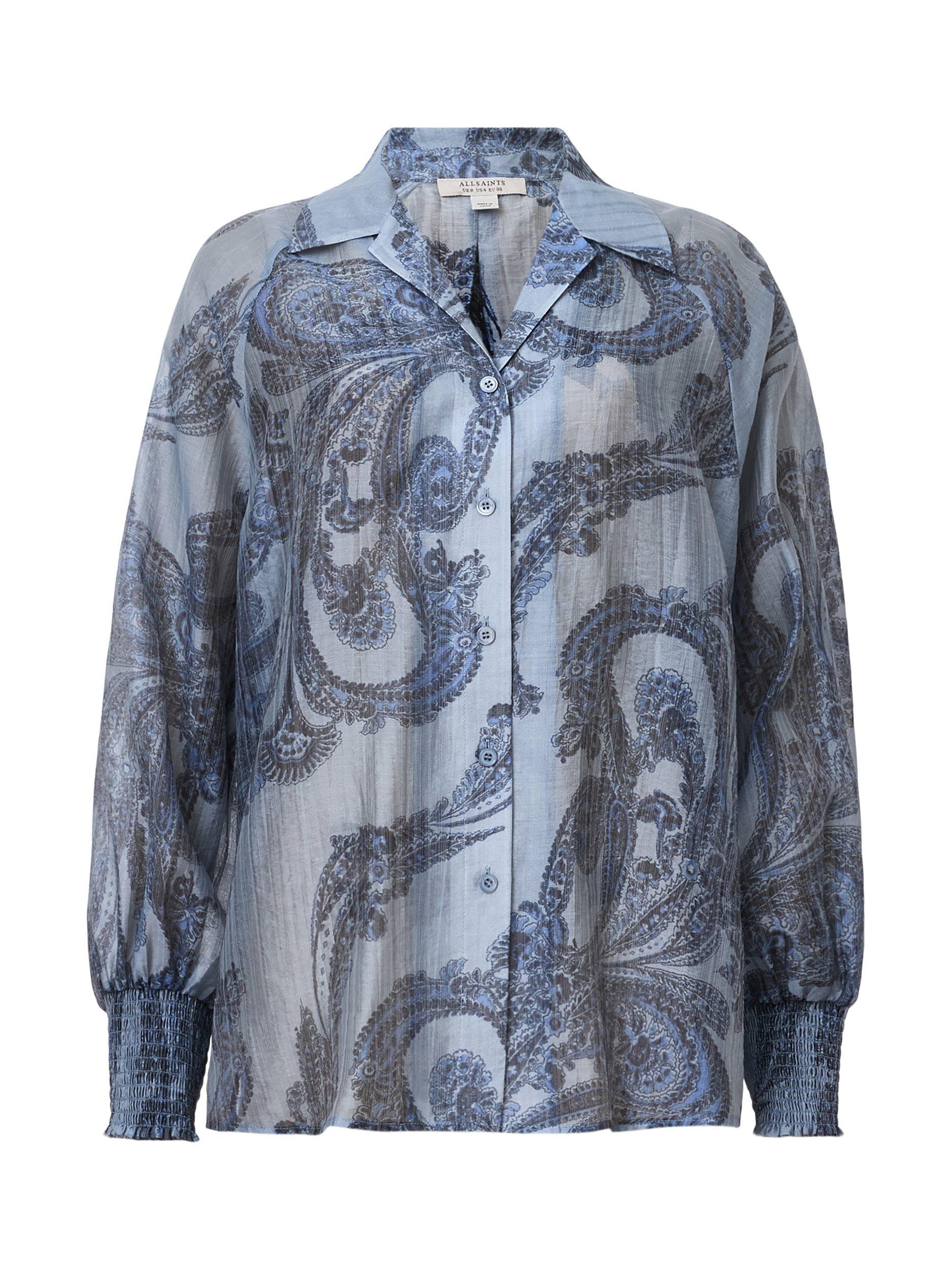 Product image 4 of 6, which shows AllSaints Isla Paisley Swirl Shirt, Lita Denim Blue, 14