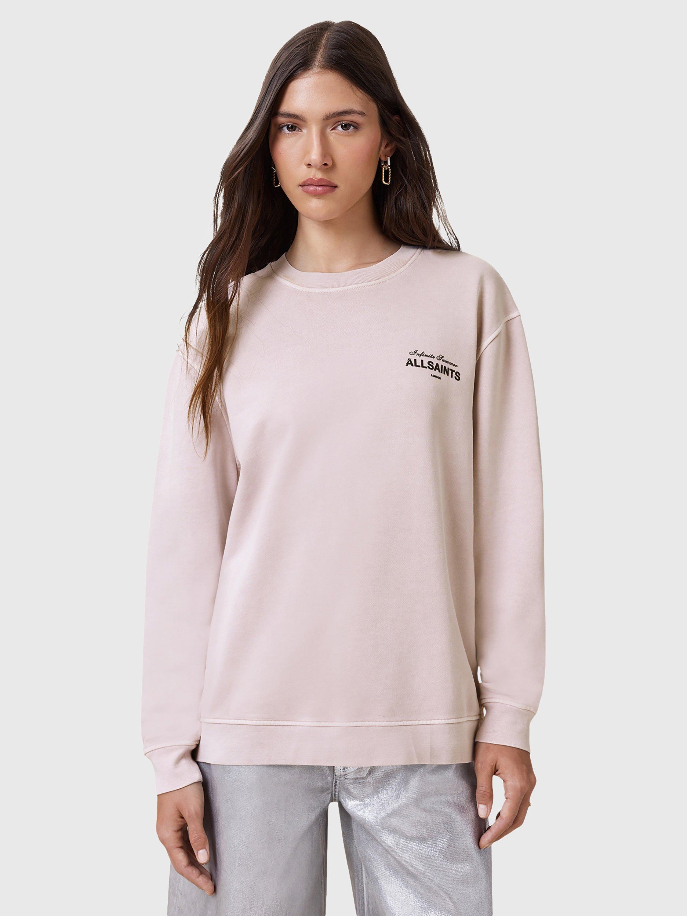 Product image 1 of 7, which shows AllSaints Soleil Etta Logo Graphic Sweatshirt, Lilac Ash Pink, XS