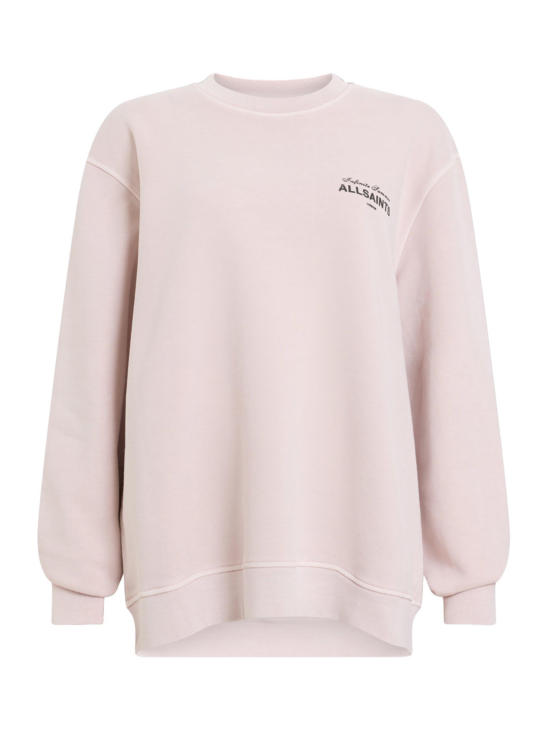 Product image 4 of 7, which shows AllSaints Soleil Etta Logo Graphic Sweatshirt, Lilac Ash Pink, XS