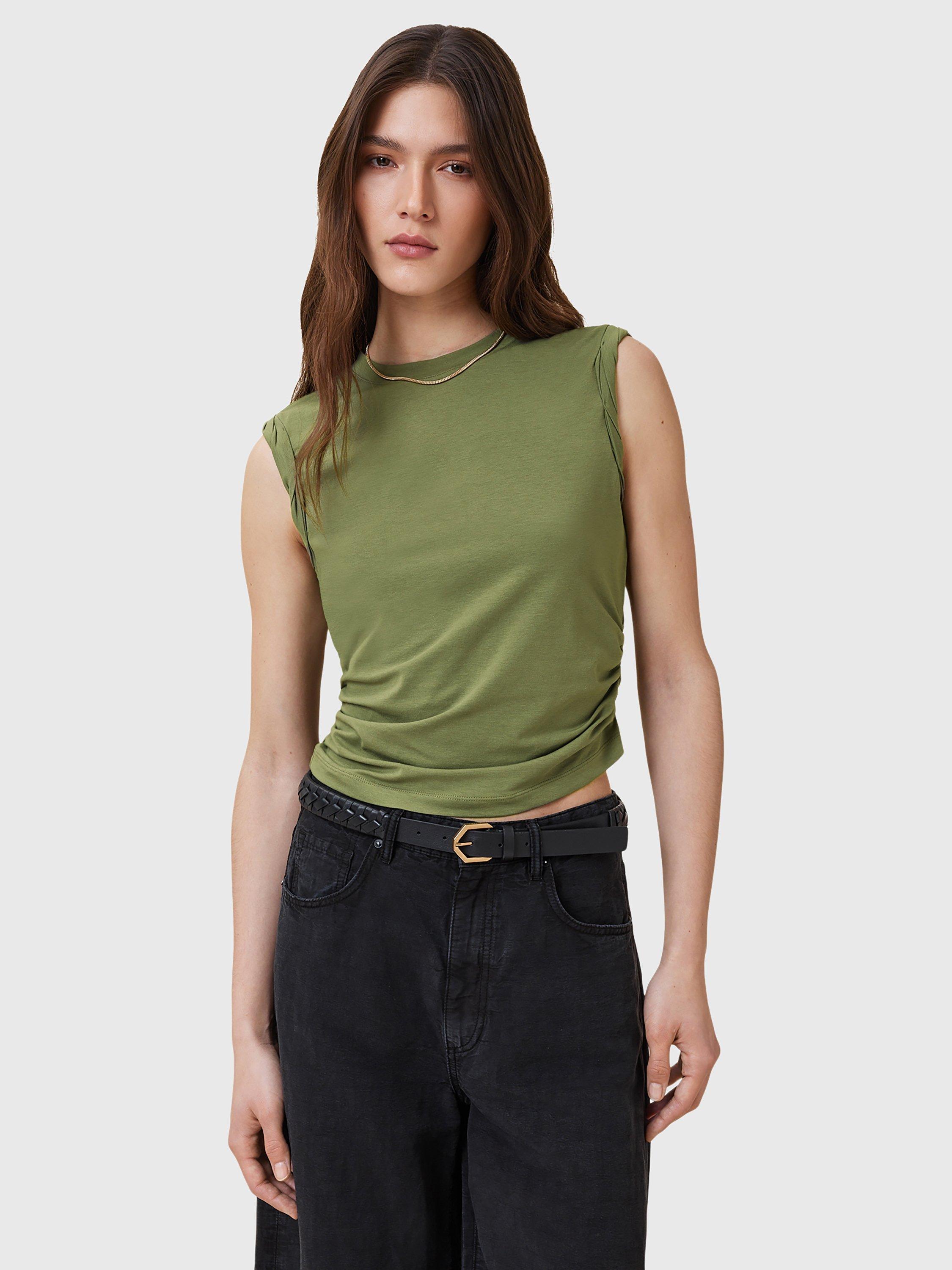 Product image 1 of 10, which shows AllSaints West Ruched Tank Top, Grass Green, L