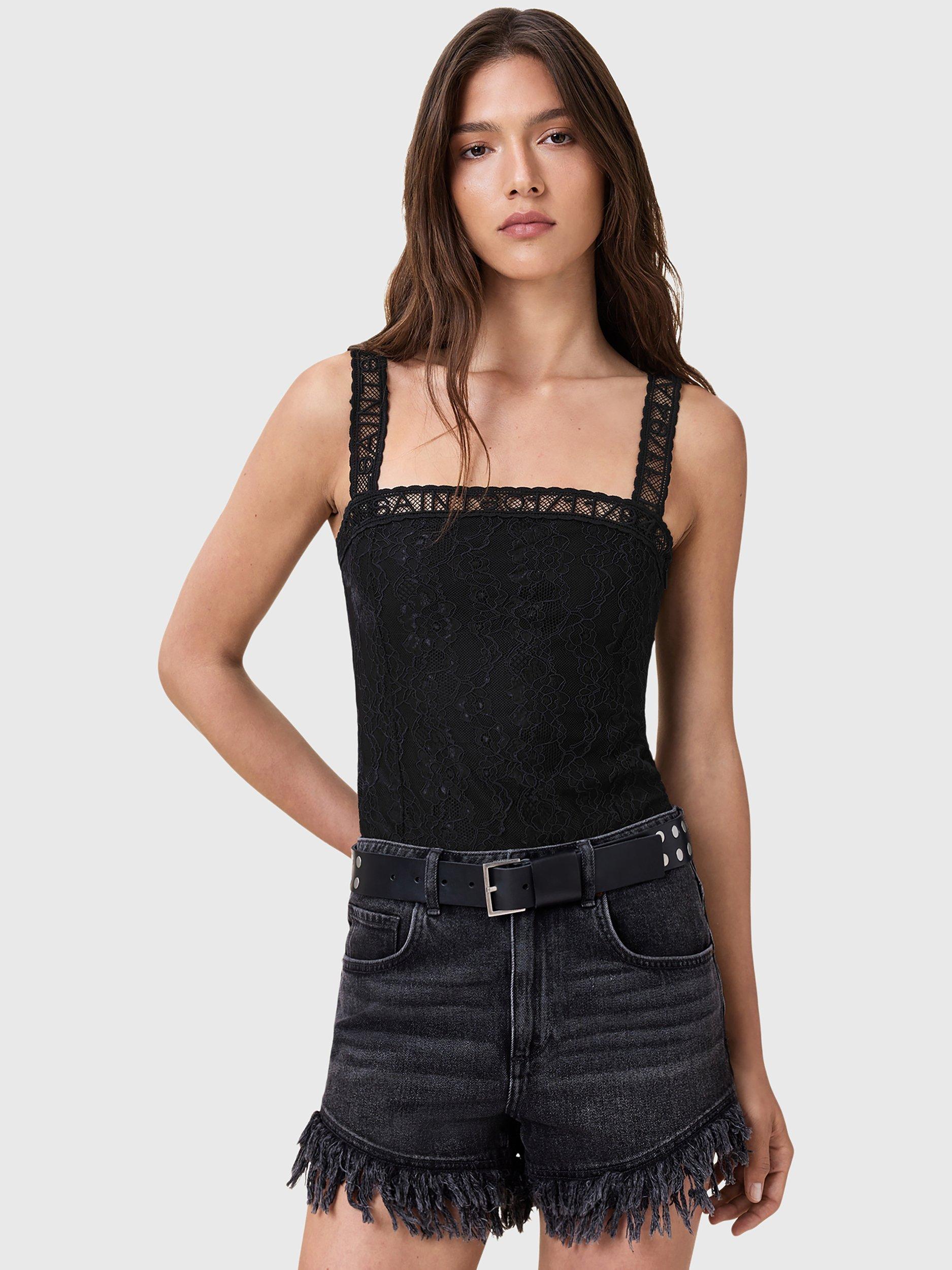 Product image 1 of 6, which shows AllSaints Vera Lace Square Neck Bodysuit, Black, 10