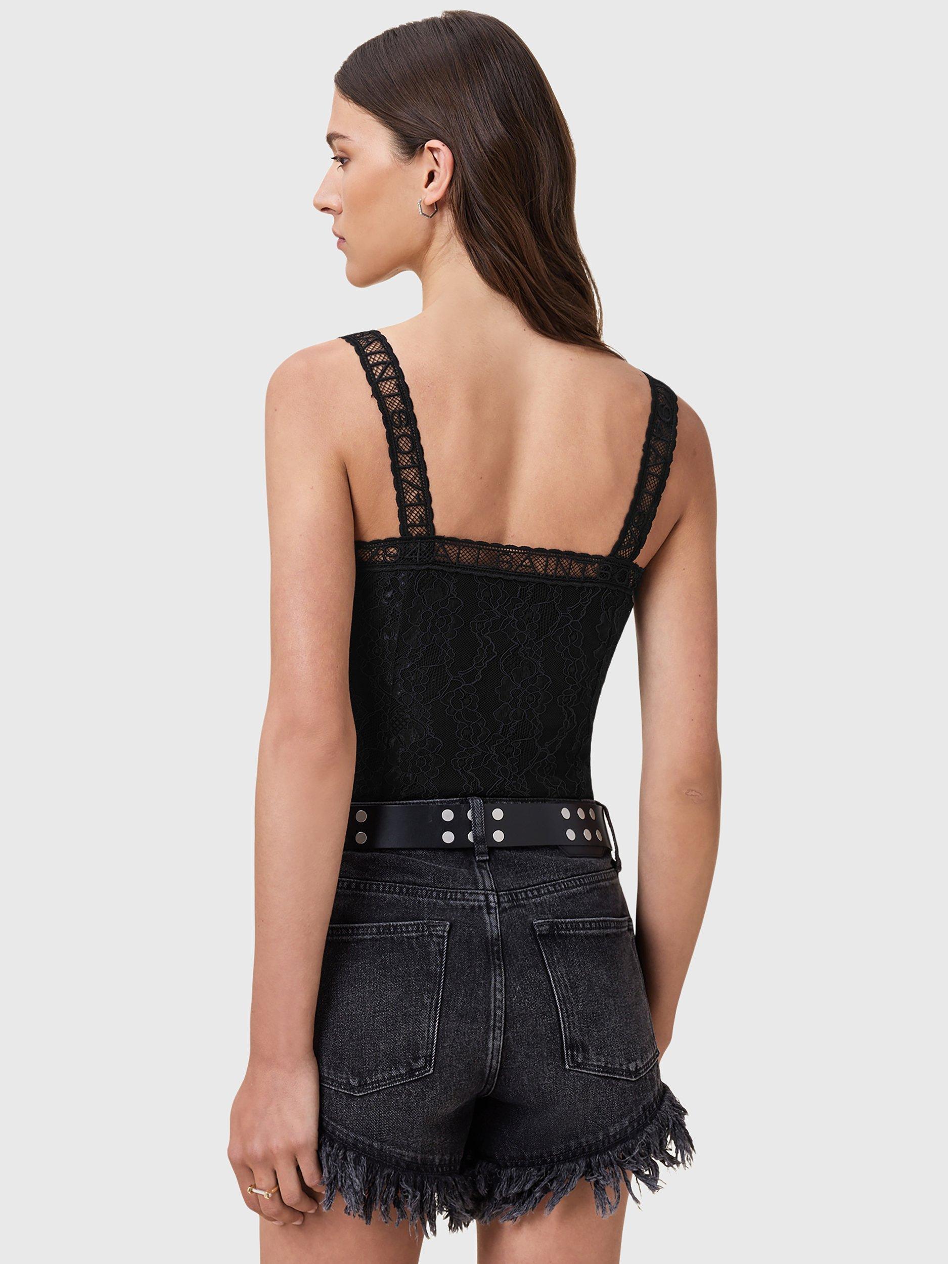 Product image 2 of 6, which shows AllSaints Vera Lace Square Neck Bodysuit, Black, 10