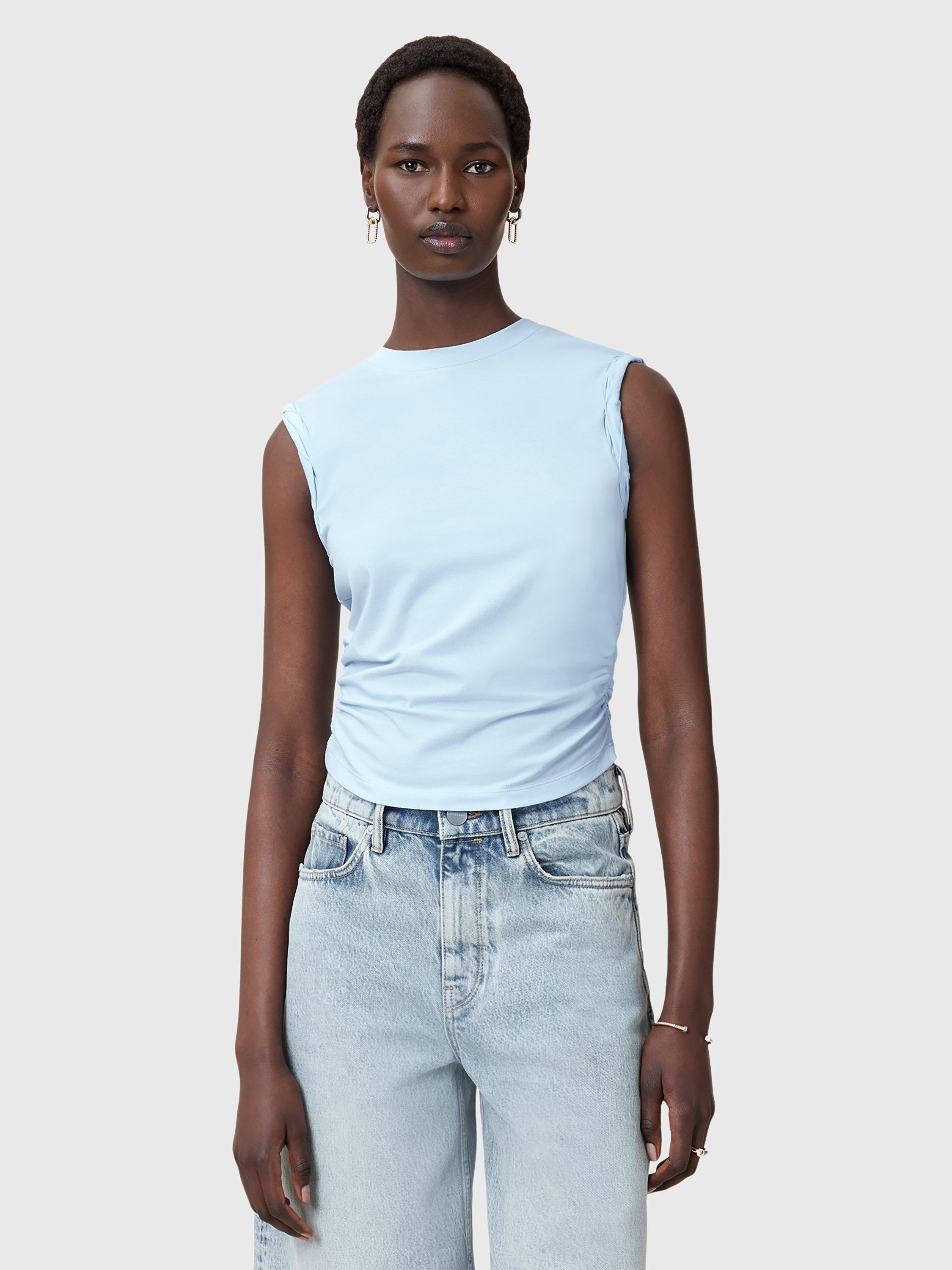 Product image 1 of 7, which shows AllSaints West Ruched Tank Top, Powder Blue, M