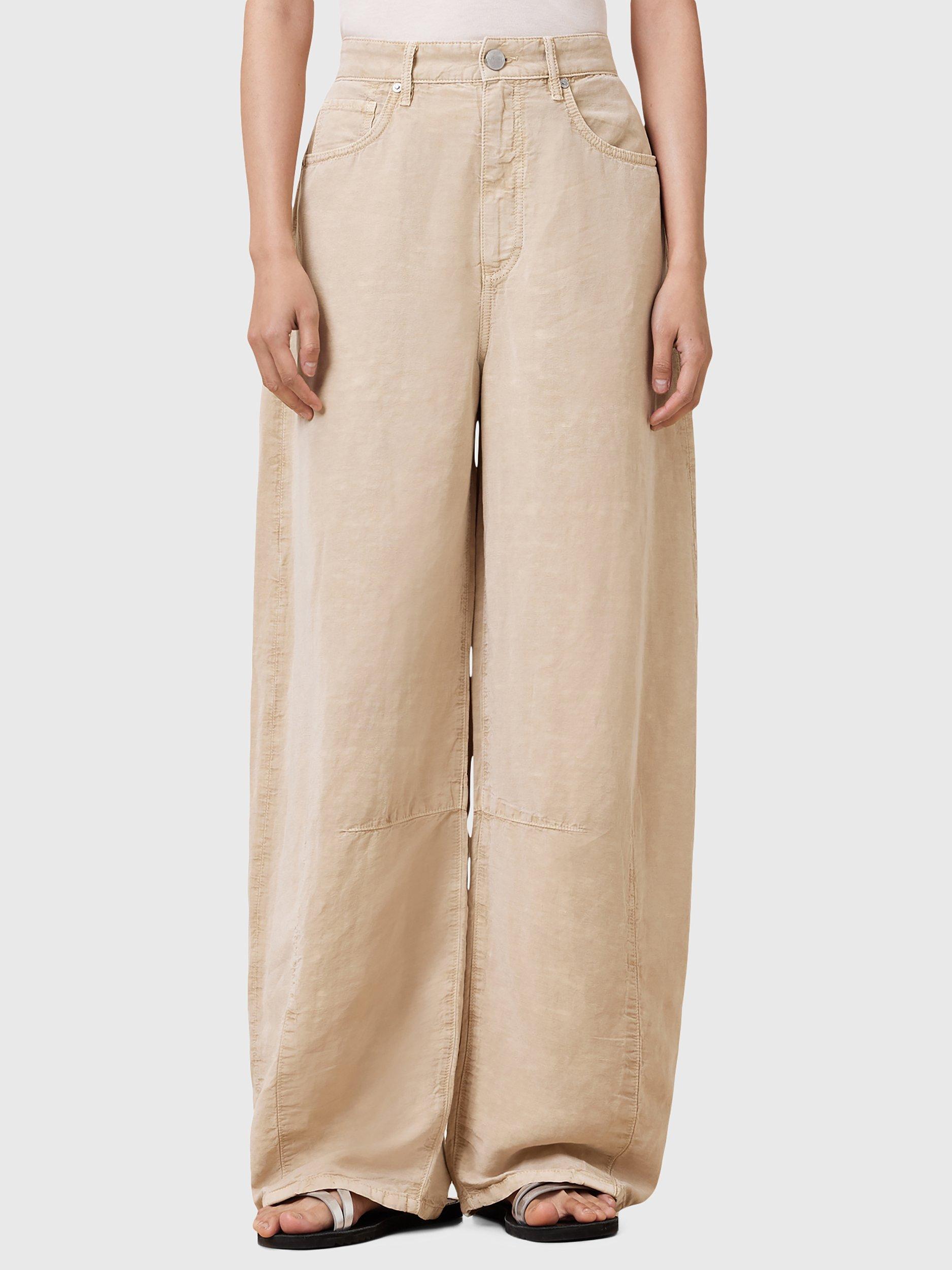 Product image 1 of 10, which shows AllSaints Jett Barrel Leg Linen Blend Trousers, Natural Sand, 10