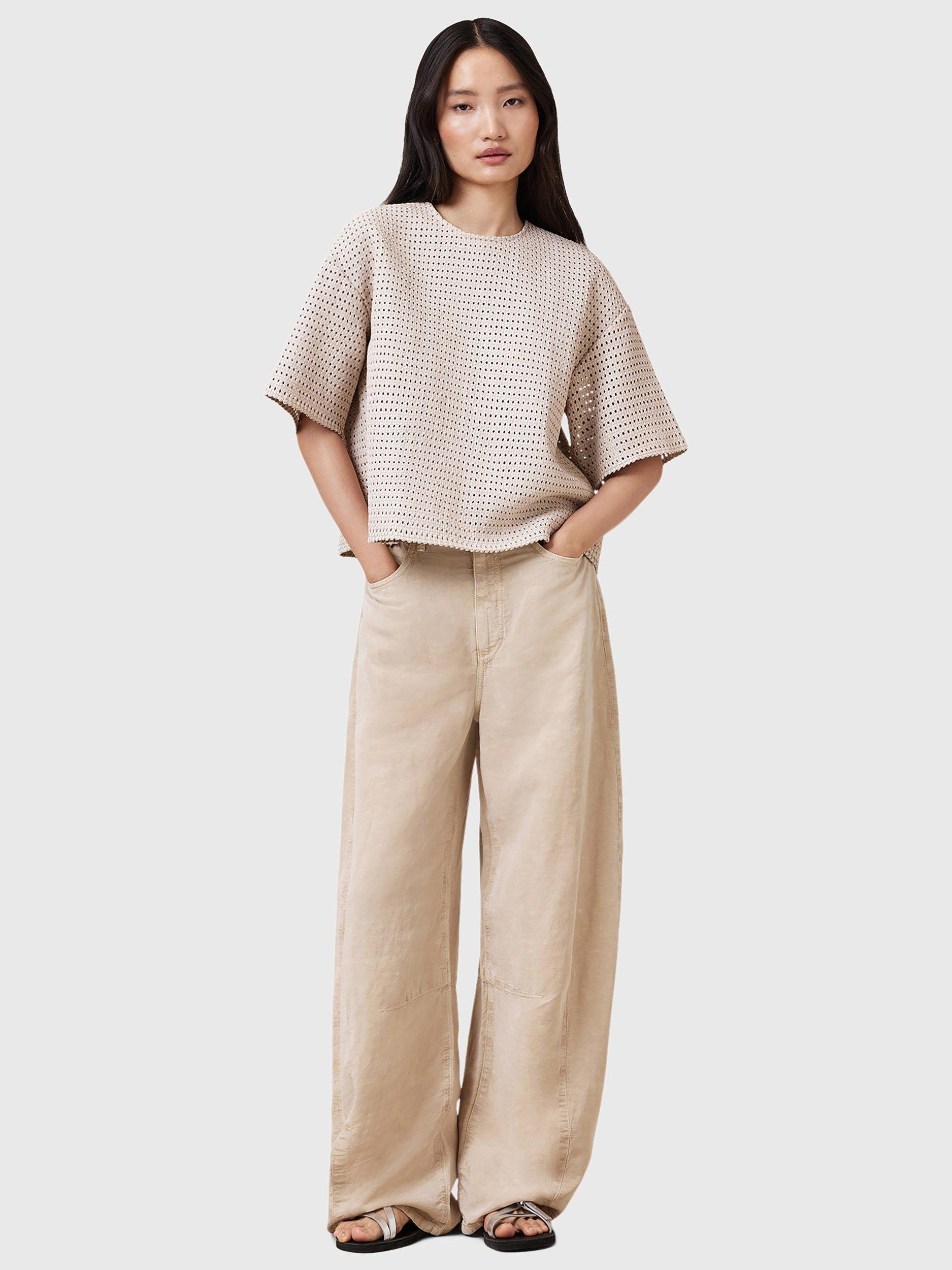Product image 3 of 10, which shows AllSaints Jett Barrel Leg Linen Blend Trousers, Natural Sand, 10