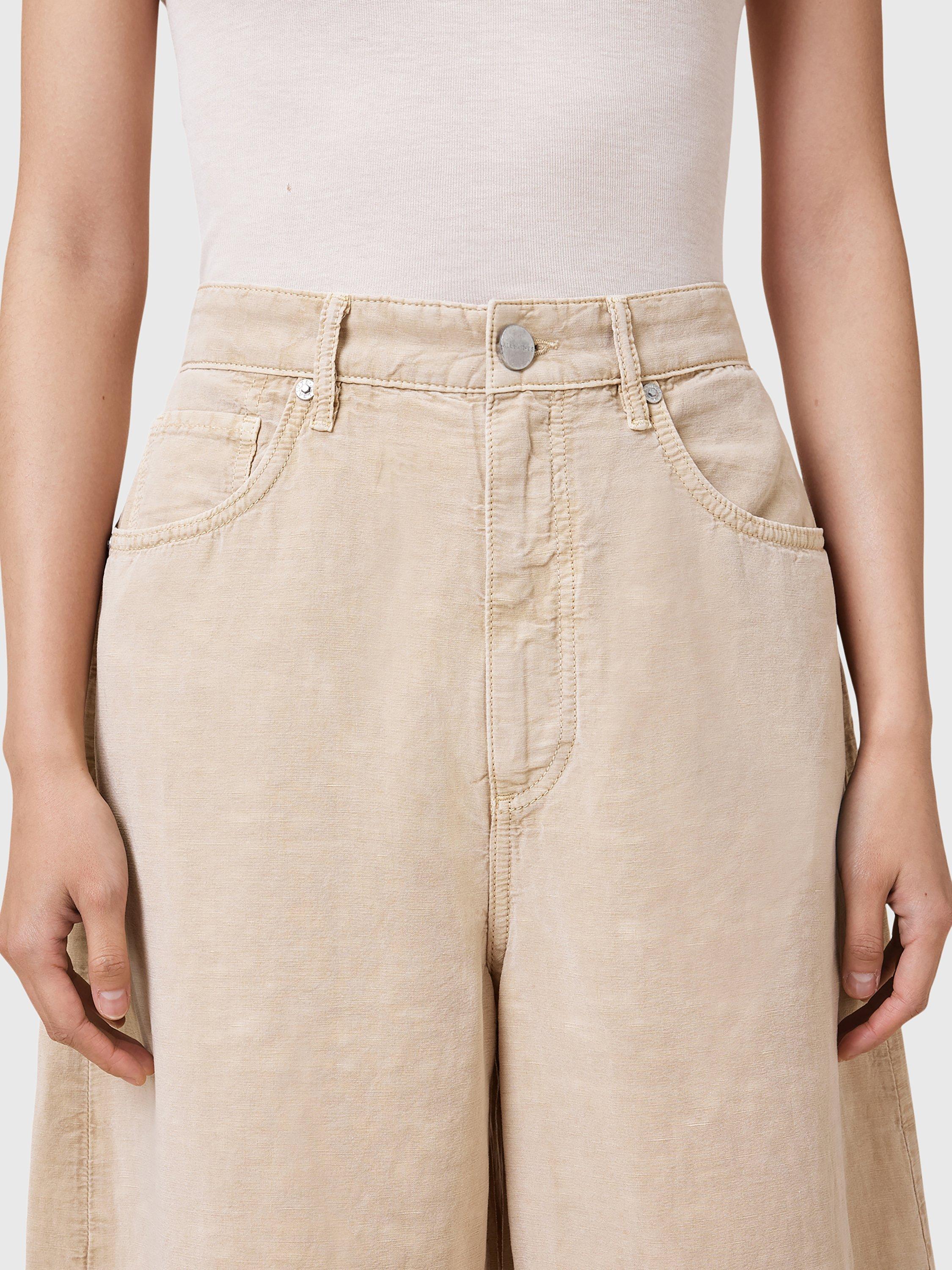 Product image 5 of 10, which shows AllSaints Jett Barrel Leg Linen Blend Trousers, Natural Sand, 10