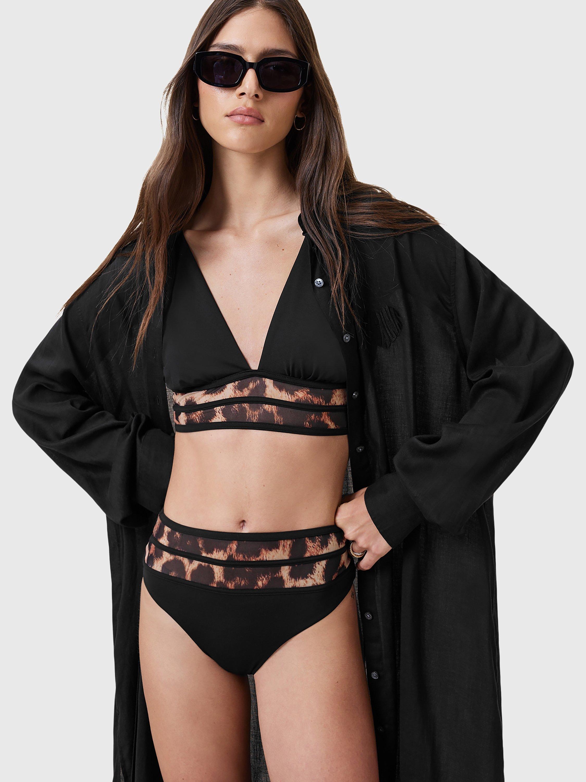 Product image 5 of 6, which shows AllSaints Xalia Leopard Print Panel Bikini Bottoms, Black, XS