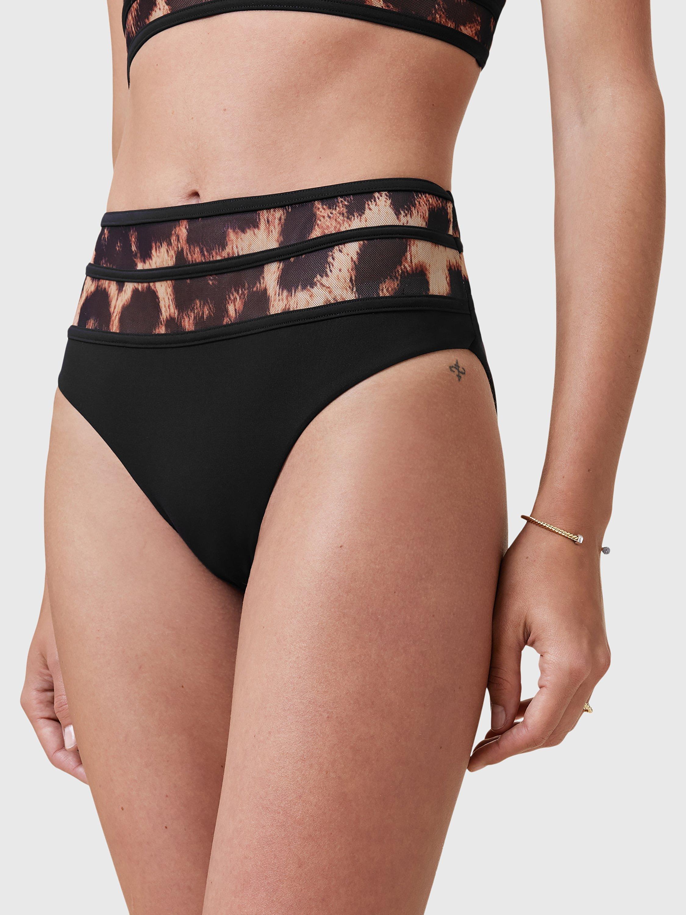 Product image 6 of 6, which shows AllSaints Xalia Leopard Print Panel Bikini Bottoms, Black, XS