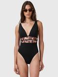 AllSaints Xalia Leopard Print Mesh Panel Swimsuit, Black