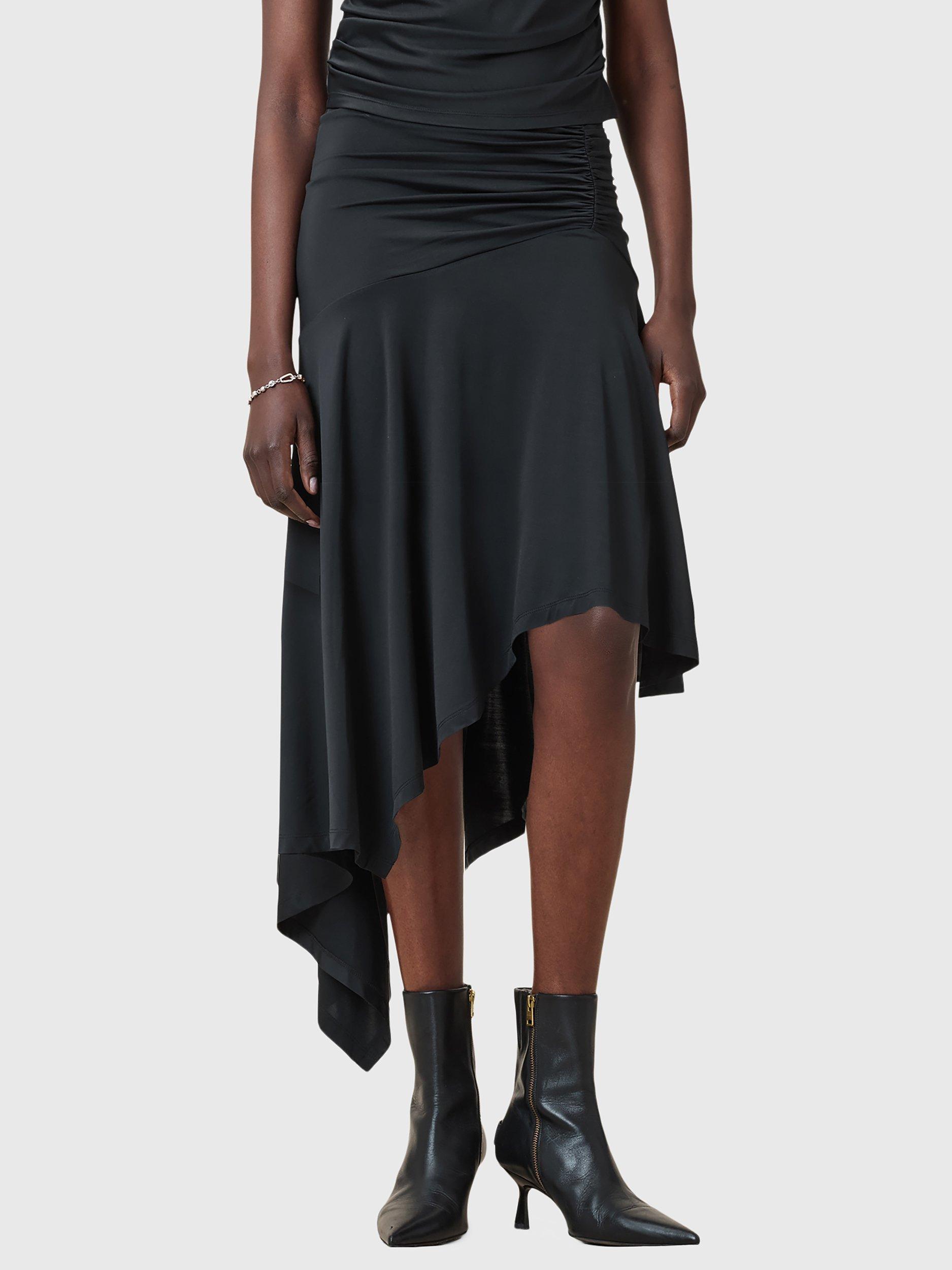 Product image 7 of 10, which shows AllSaints Annalie Asymmetric Drape Skirt, Black, 6