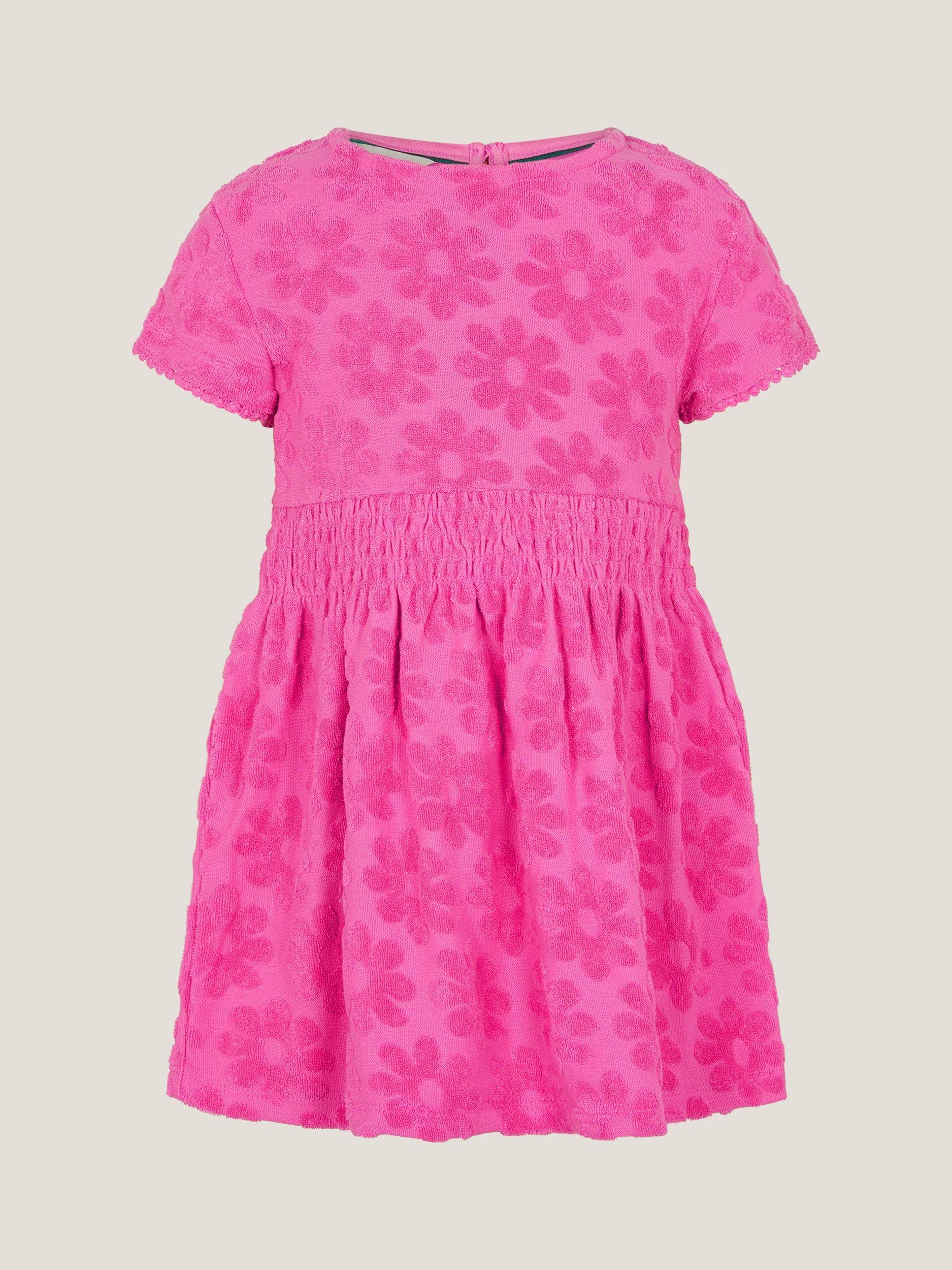 Product image 1 of 3, which shows Monsoon Baby Flower Towelling Dress, Pink, 0-3 months