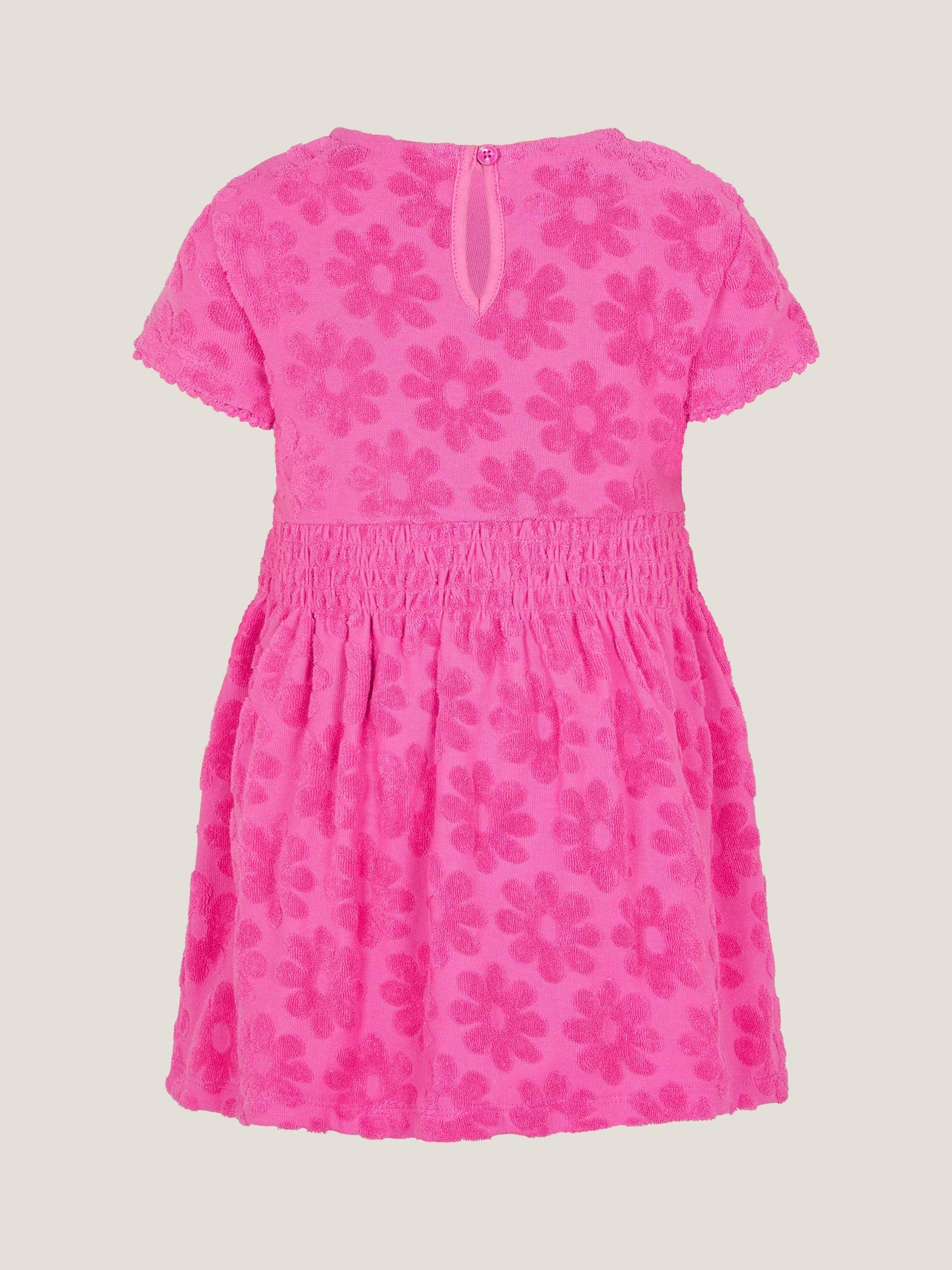 Product image 2 of 3, which shows Monsoon Baby Flower Towelling Dress, Pink, 0-3 months