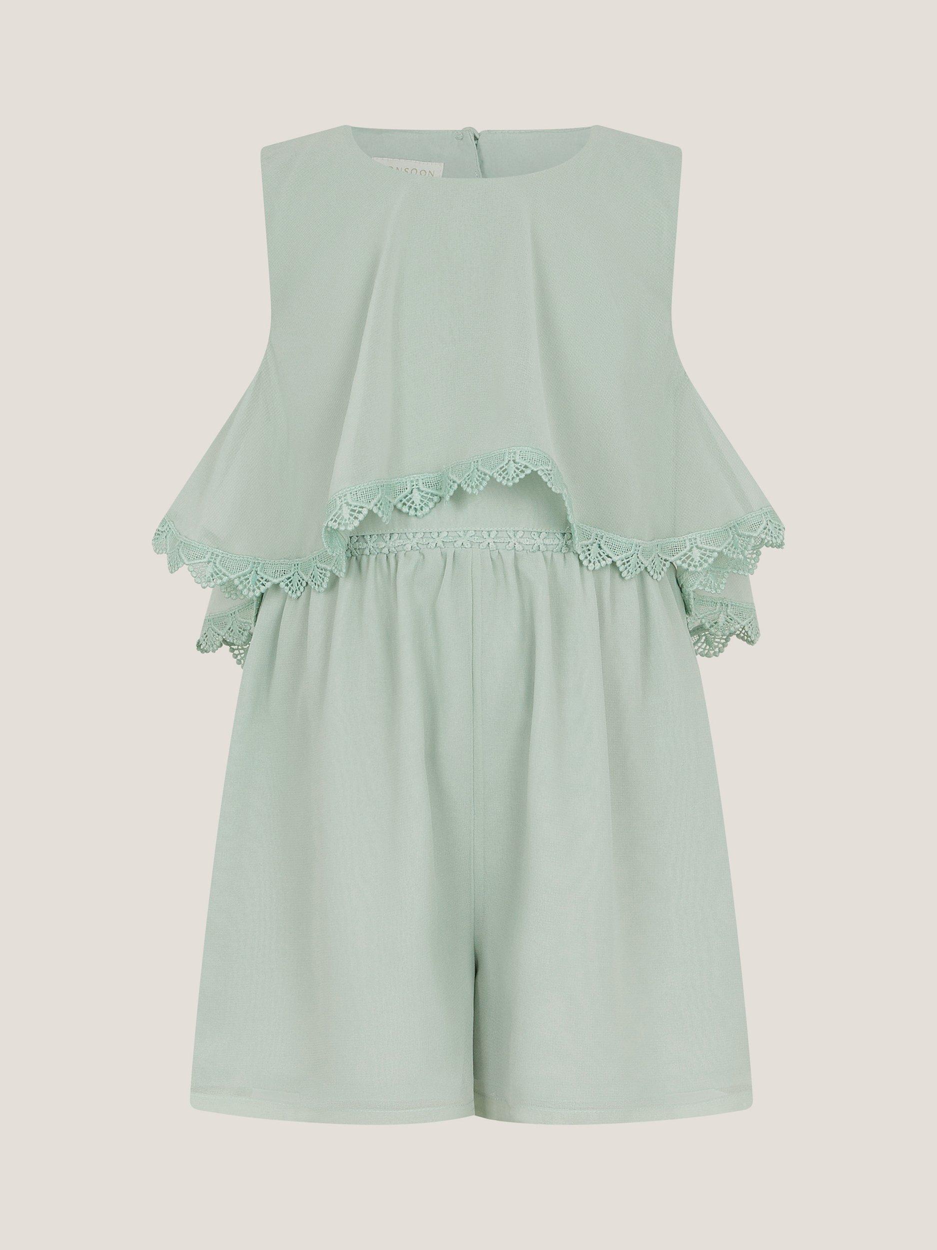 Product image 1 of 3, which shows Monsoon Kids' Leia Lace Playsuit, Sage, 3 years