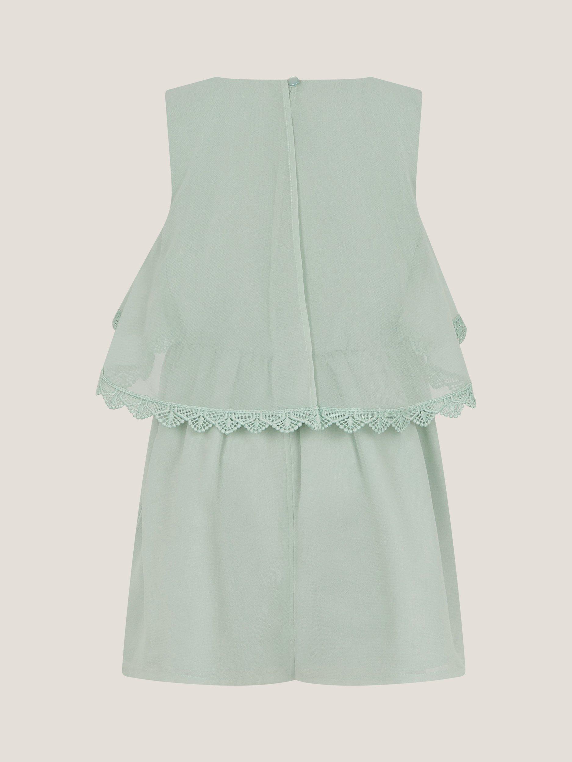 Product image 2 of 3, which shows Monsoon Kids' Leia Lace Playsuit, Sage, 3 years