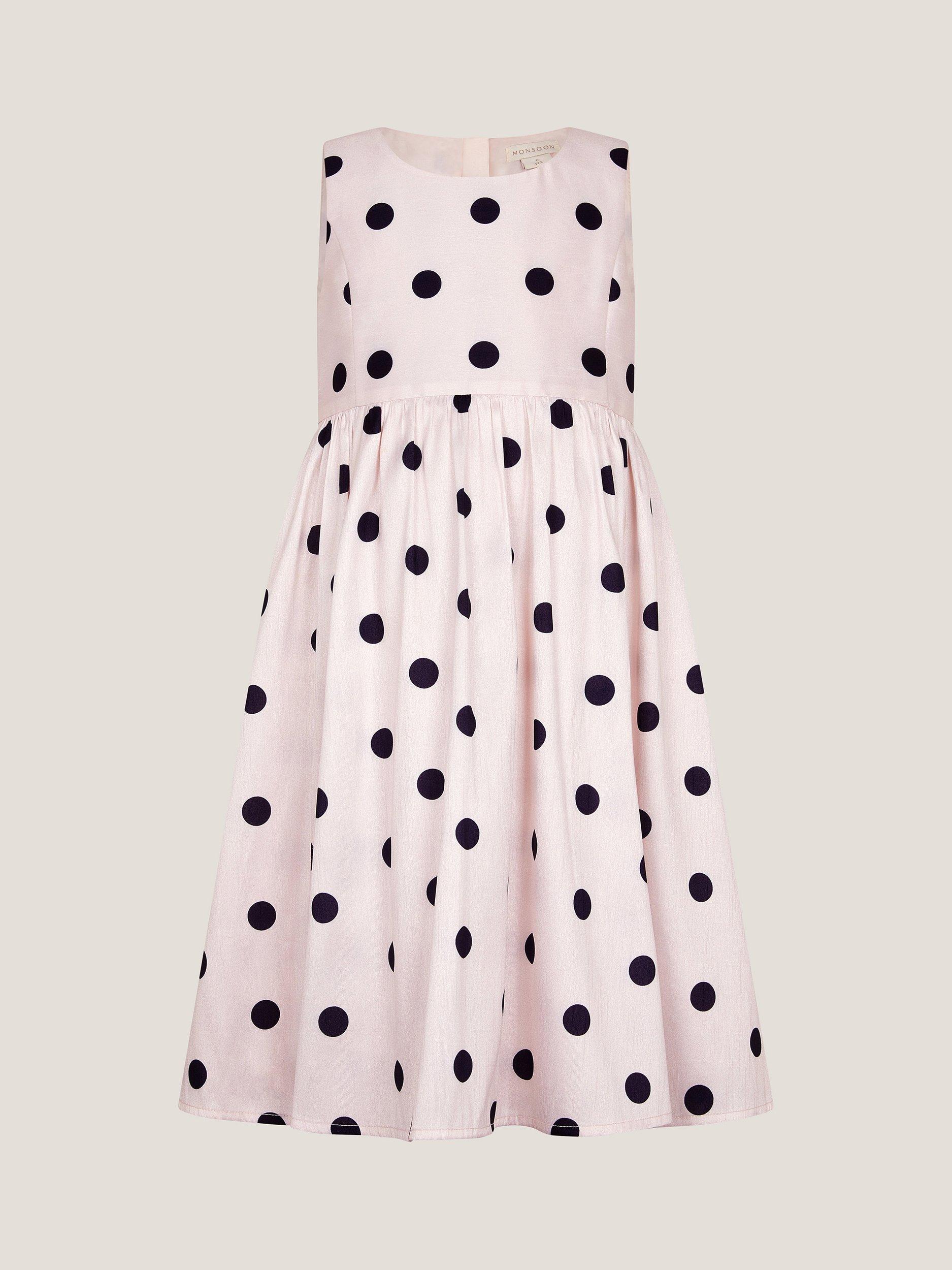 Product image 2 of 4, which shows Monsoon Kids' Sicily Polka Dot Dress, Ivory, 3 years