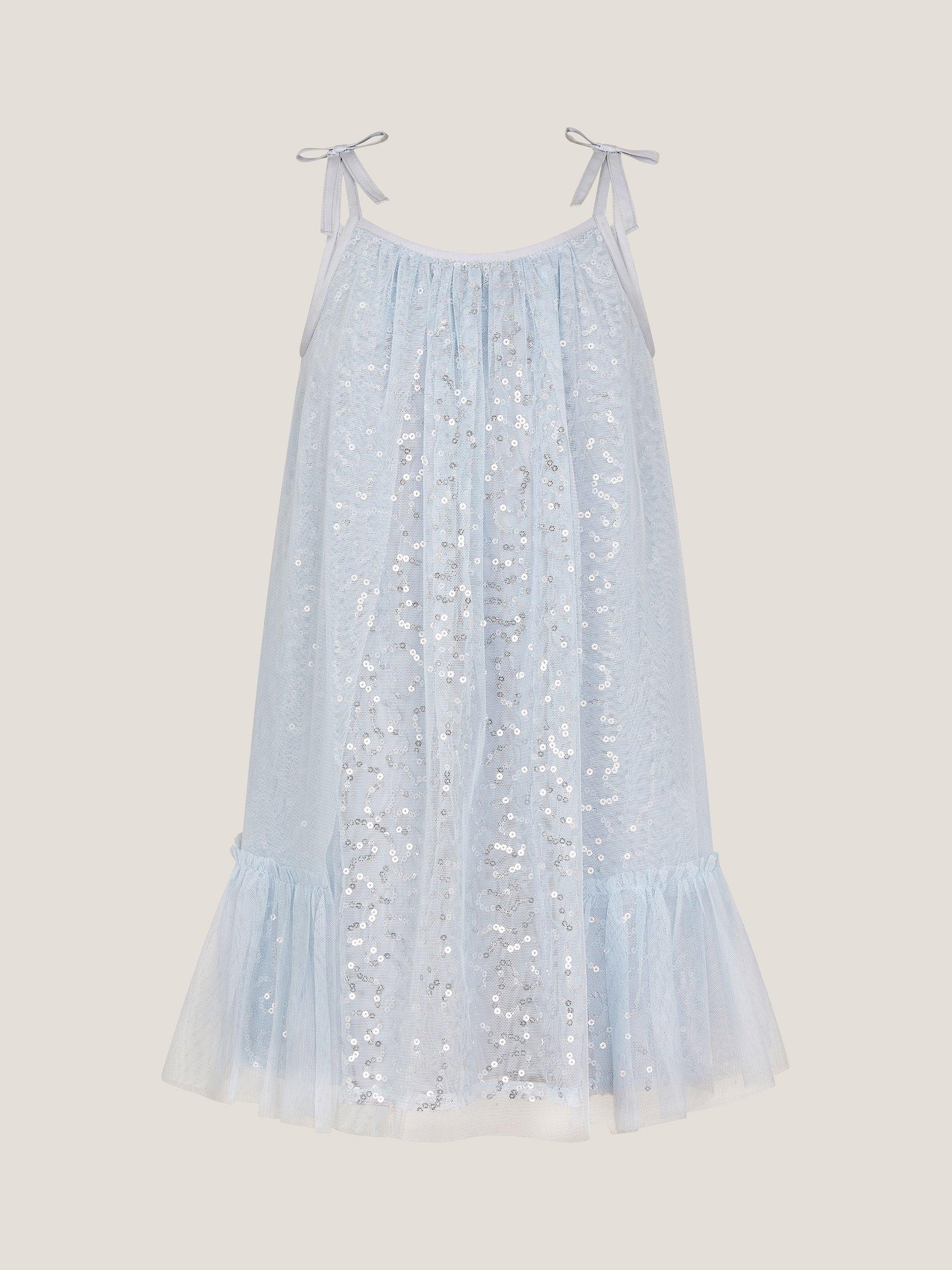 Product image 1 of 11, which shows Monsoon Kids' Rosalee Swing Dress, Blue, 8 years
