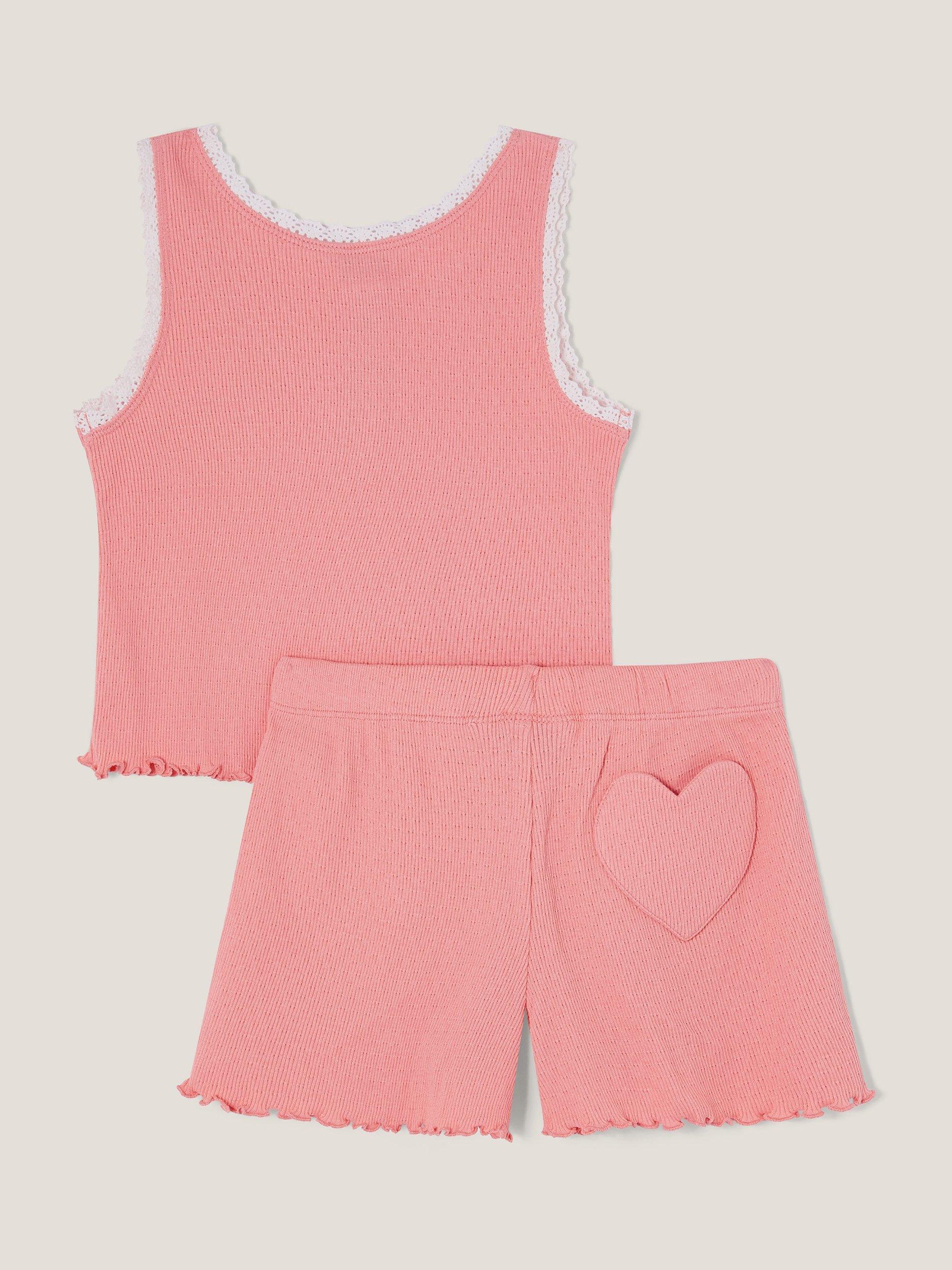 Product image 2 of 3, which shows Monsoon Kids' Floral Jersey Short Pyjamas Set, Coral, 2-3 years
