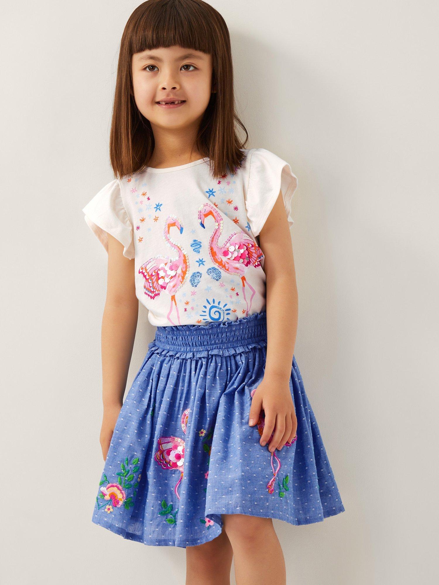 Product image 1 of 4, which shows Monsoon Kids' Chambray Embellished Flamingo Skirt, Blue, 11-12 years