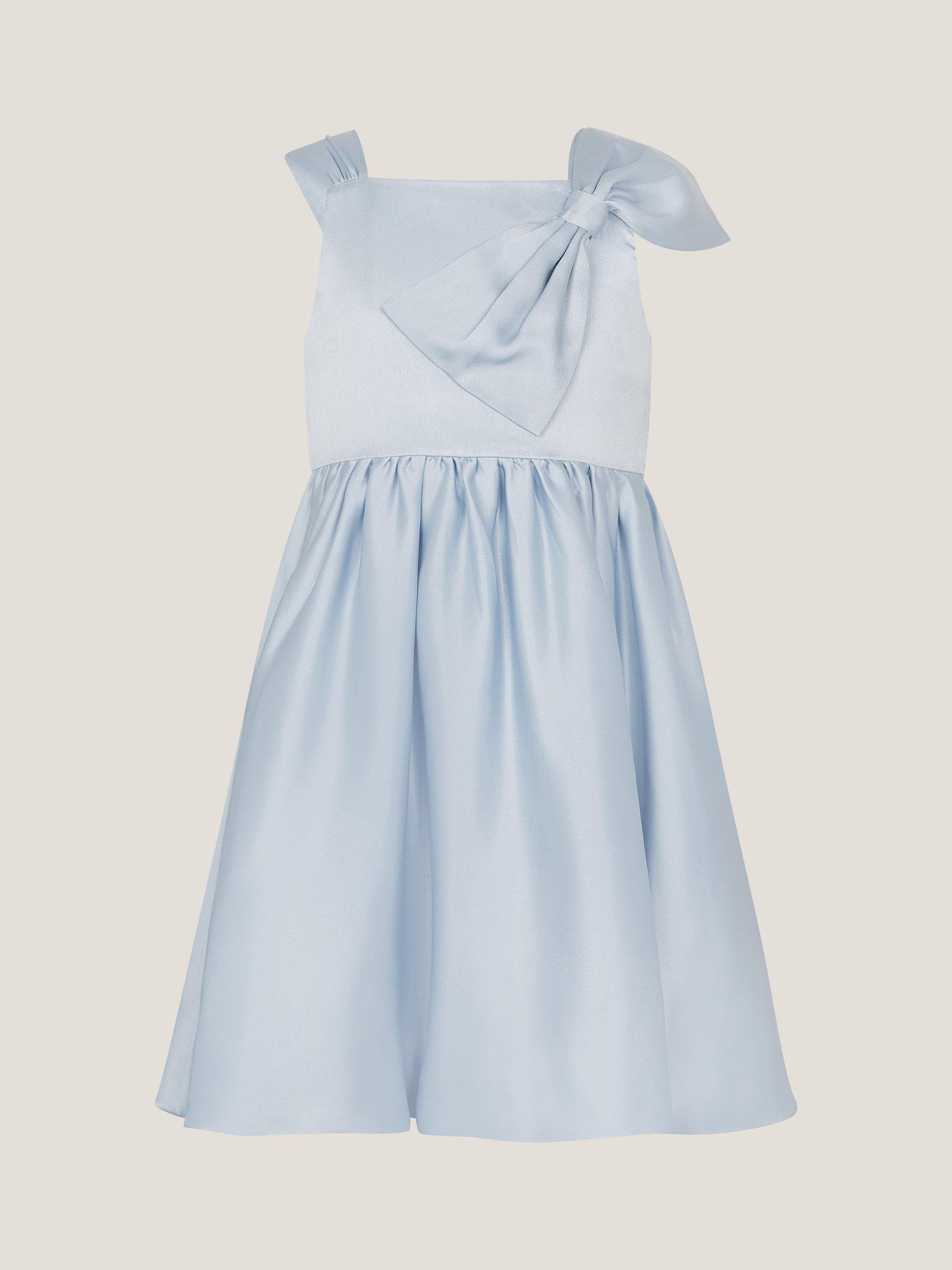 Product image 2 of 4, which shows Monsoon Kids' Freya Bow Strap Satin Party Dress, Pale Blue, 11-12 years