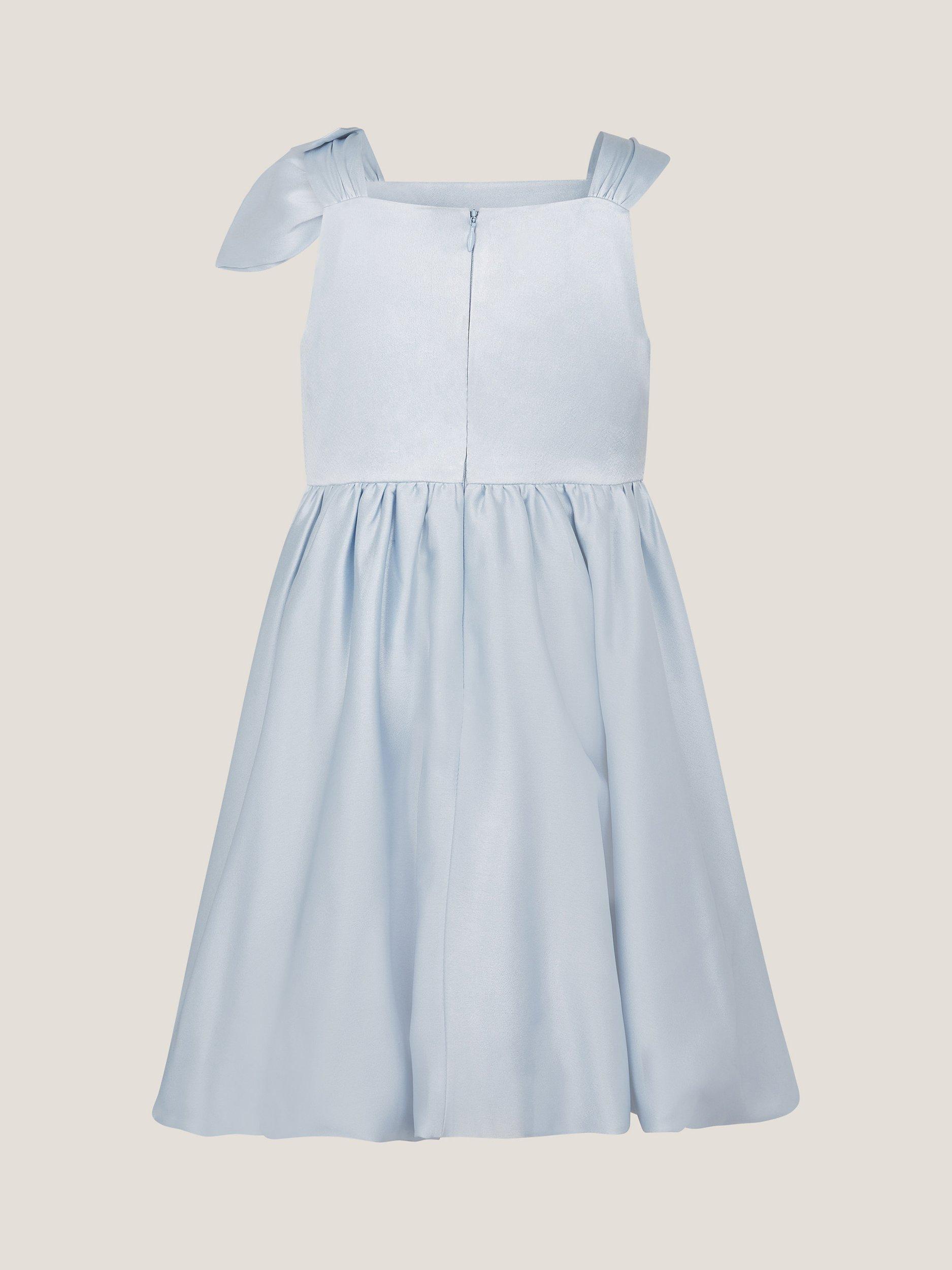Product image 3 of 4, which shows Monsoon Kids' Freya Bow Strap Satin Party Dress, Pale Blue, 11-12 years