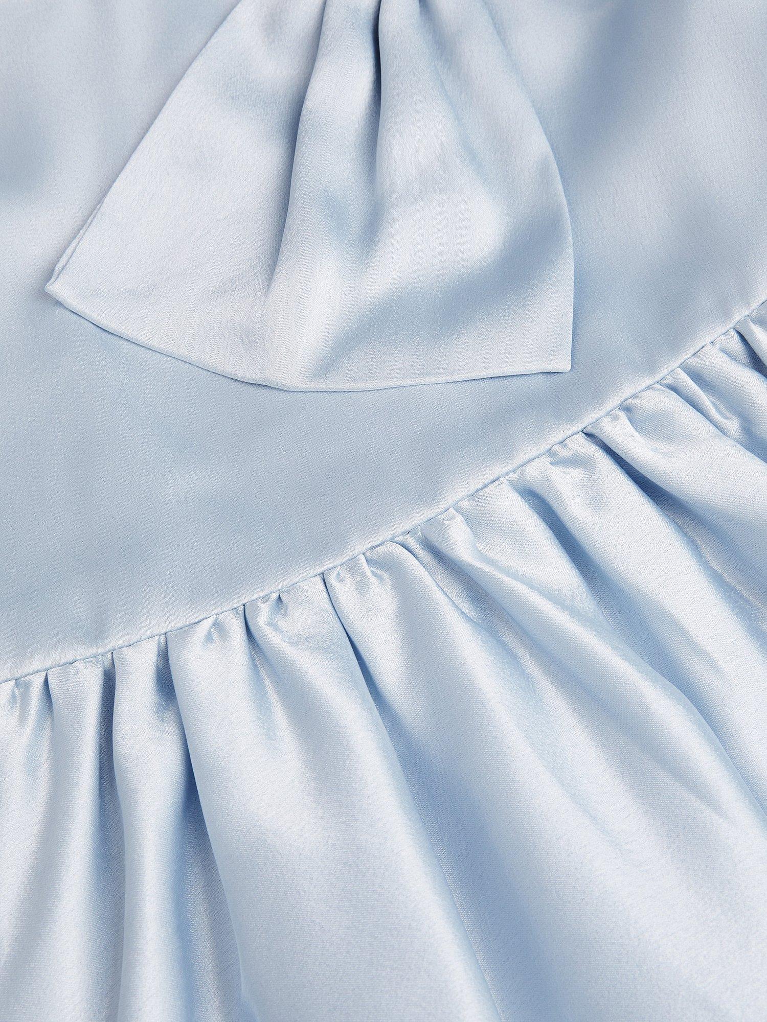 Product image 4 of 4, which shows Monsoon Kids' Freya Bow Strap Satin Party Dress, Pale Blue, 11-12 years
