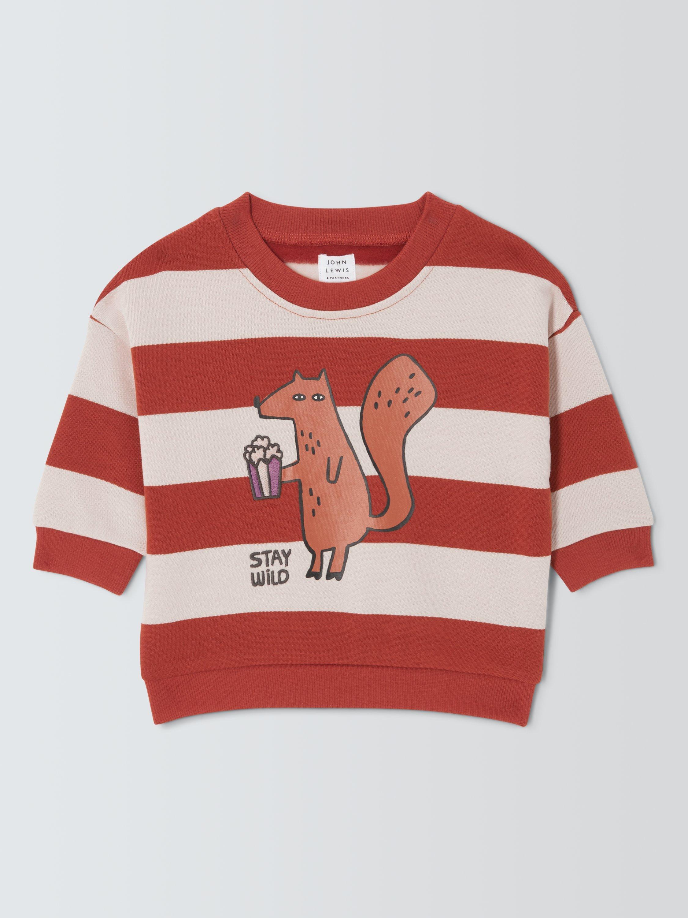 John Lewis Baby Cotton Stripe Squirrel Sweatshirt, Red