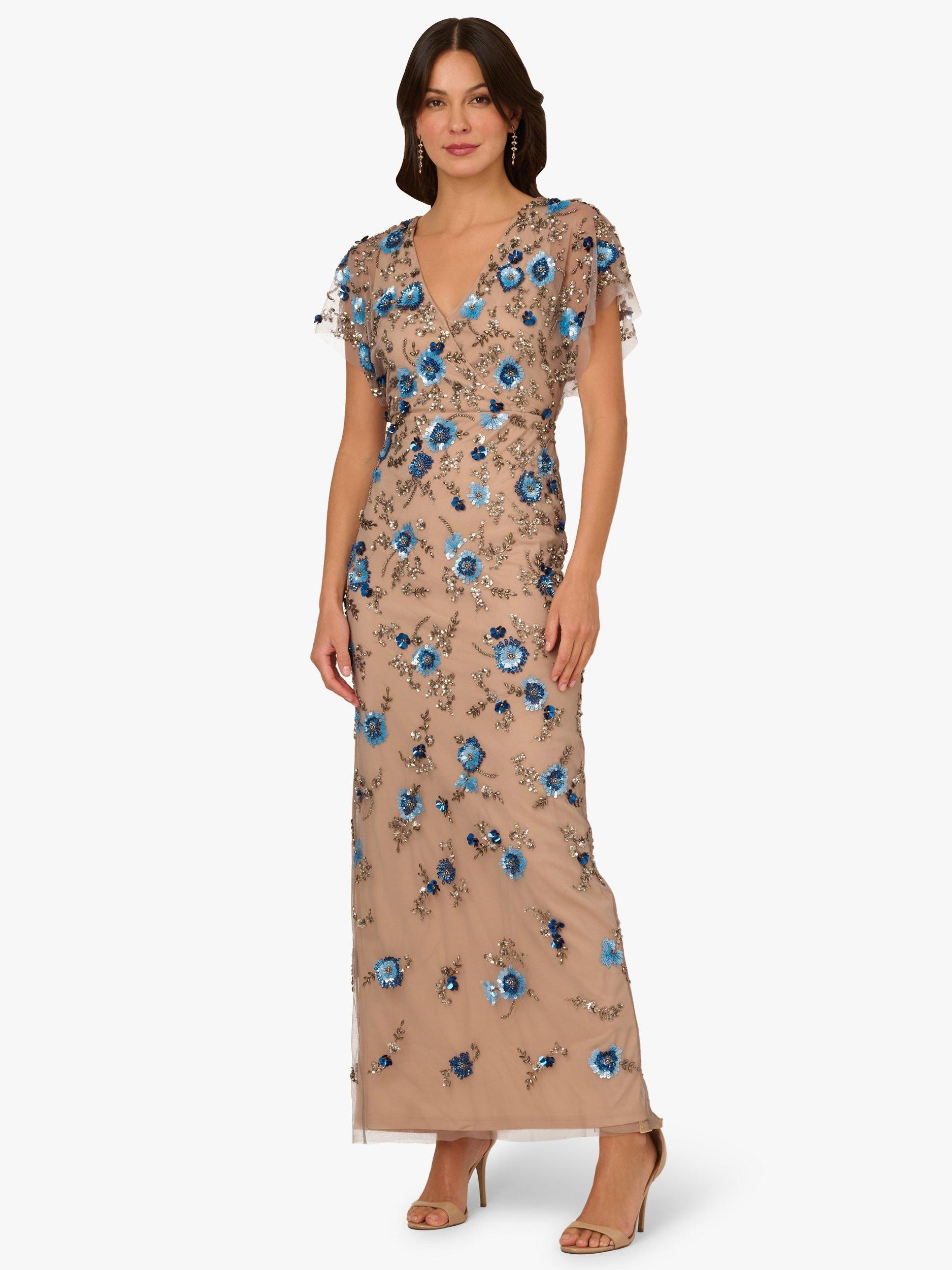 Adrianna Papell Beaded Floral V-Neck Maxi Dress, Nude/Blue