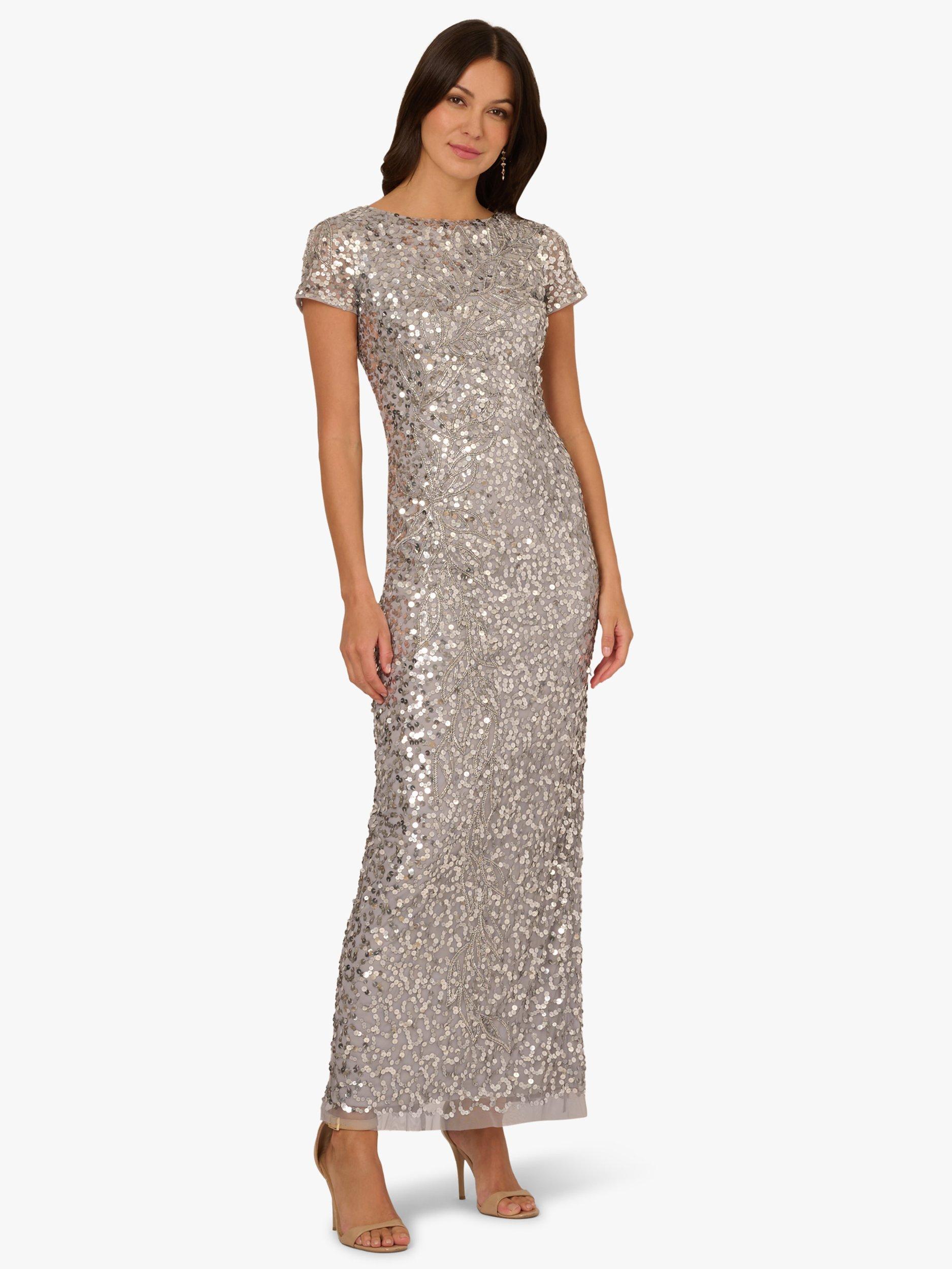 Product image 1 of 6, which shows Adrianna Papell Beaded Mesh Maxi Dress, Silver Mist, 6