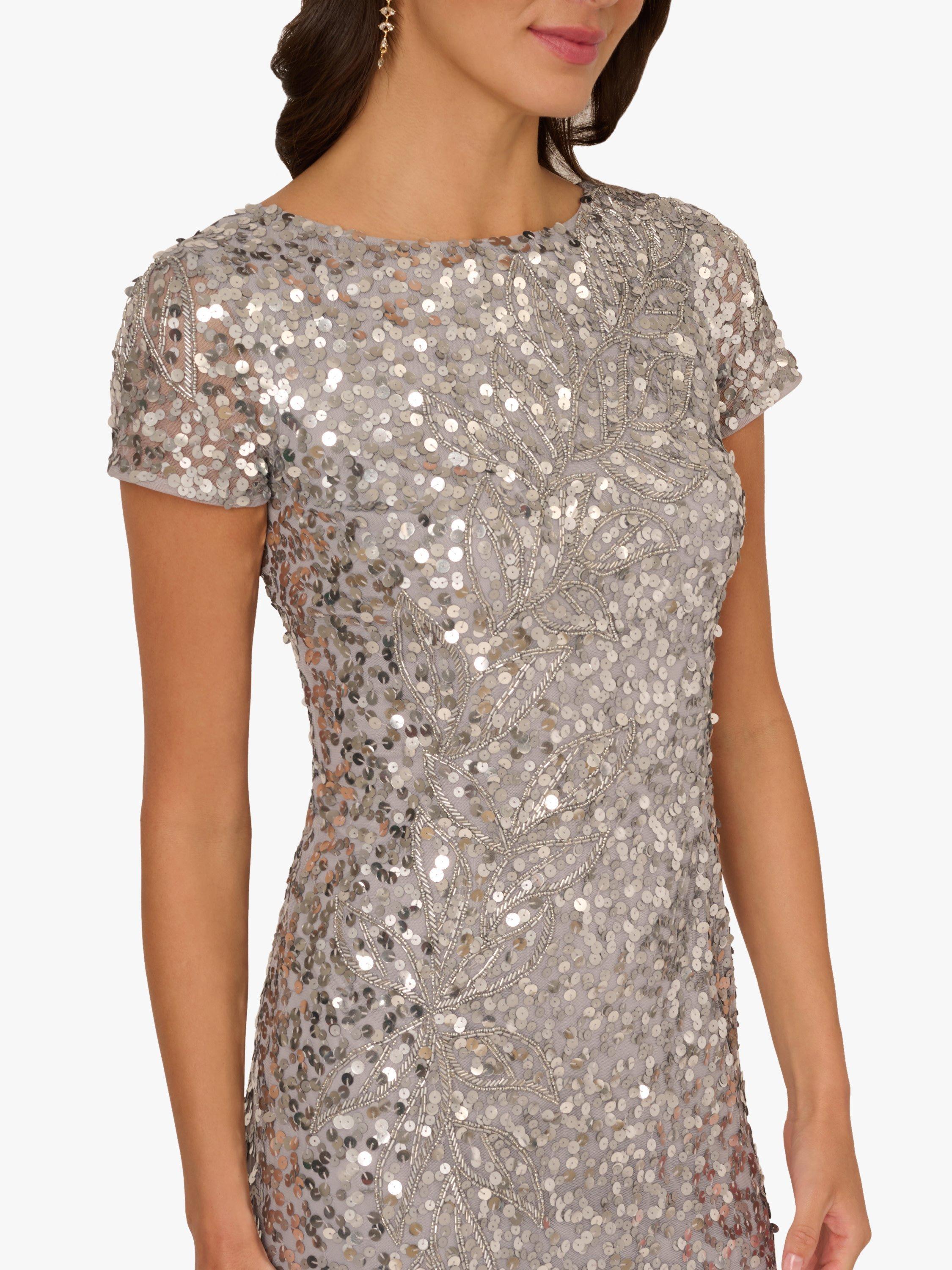 Product image 4 of 6, which shows Adrianna Papell Beaded Mesh Maxi Dress, Silver Mist, 6