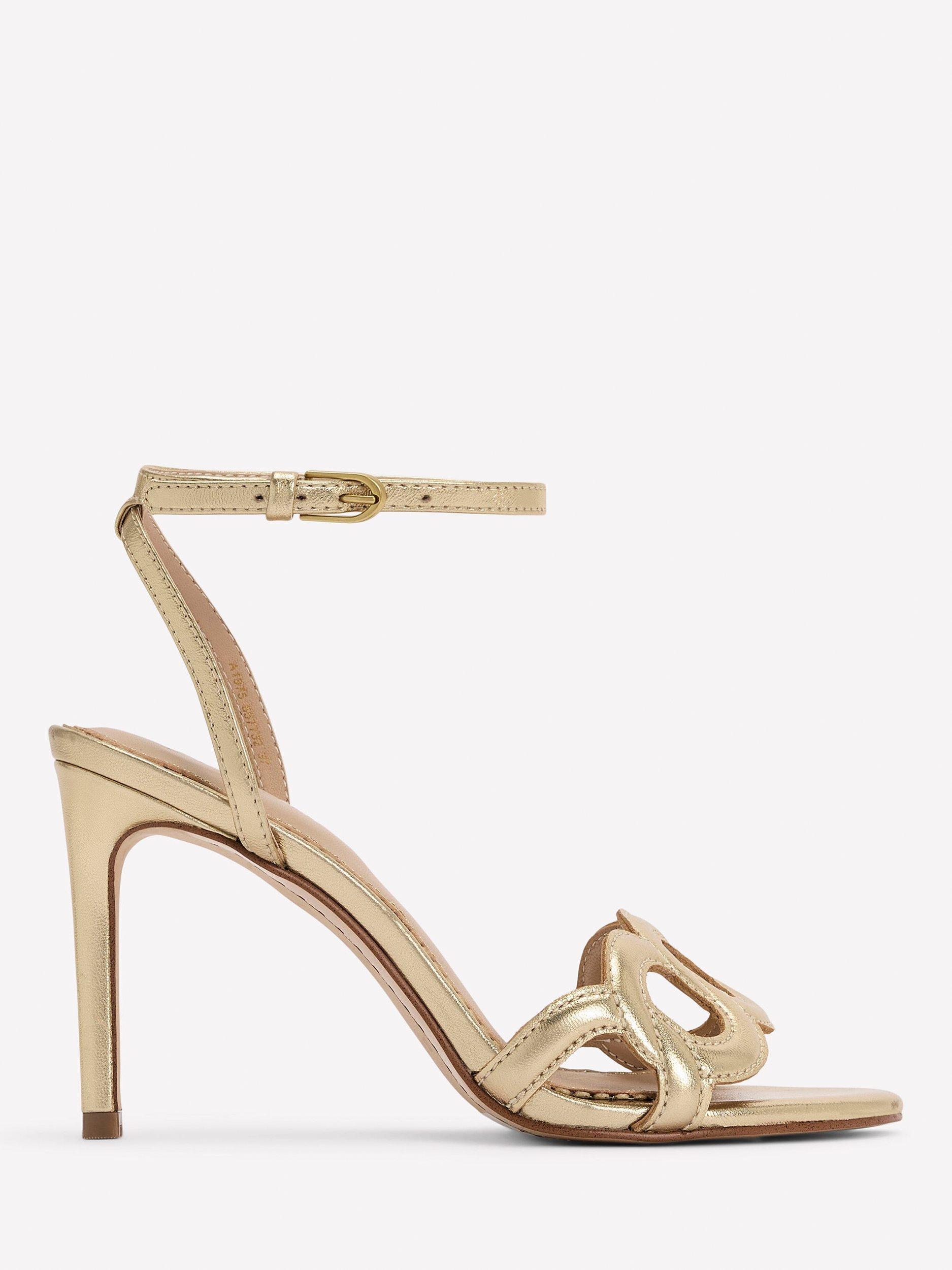 Product image 1 of 5, which shows Boden Circle Detail Leather Stiletto Heel Strappy Sandals, Gold, 8