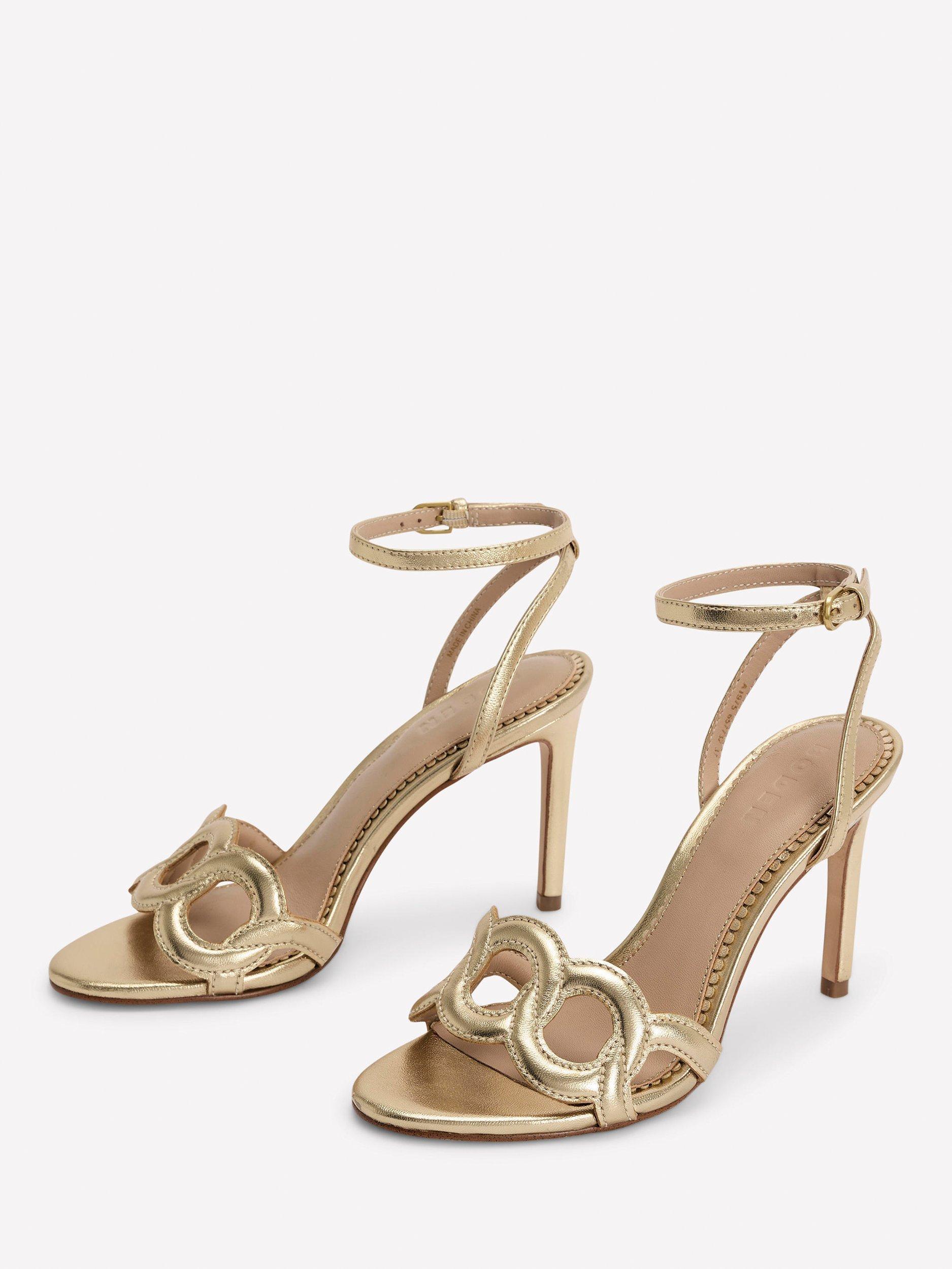 Product image 2 of 5, which shows Boden Circle Detail Leather Stiletto Heel Strappy Sandals, Gold, 8