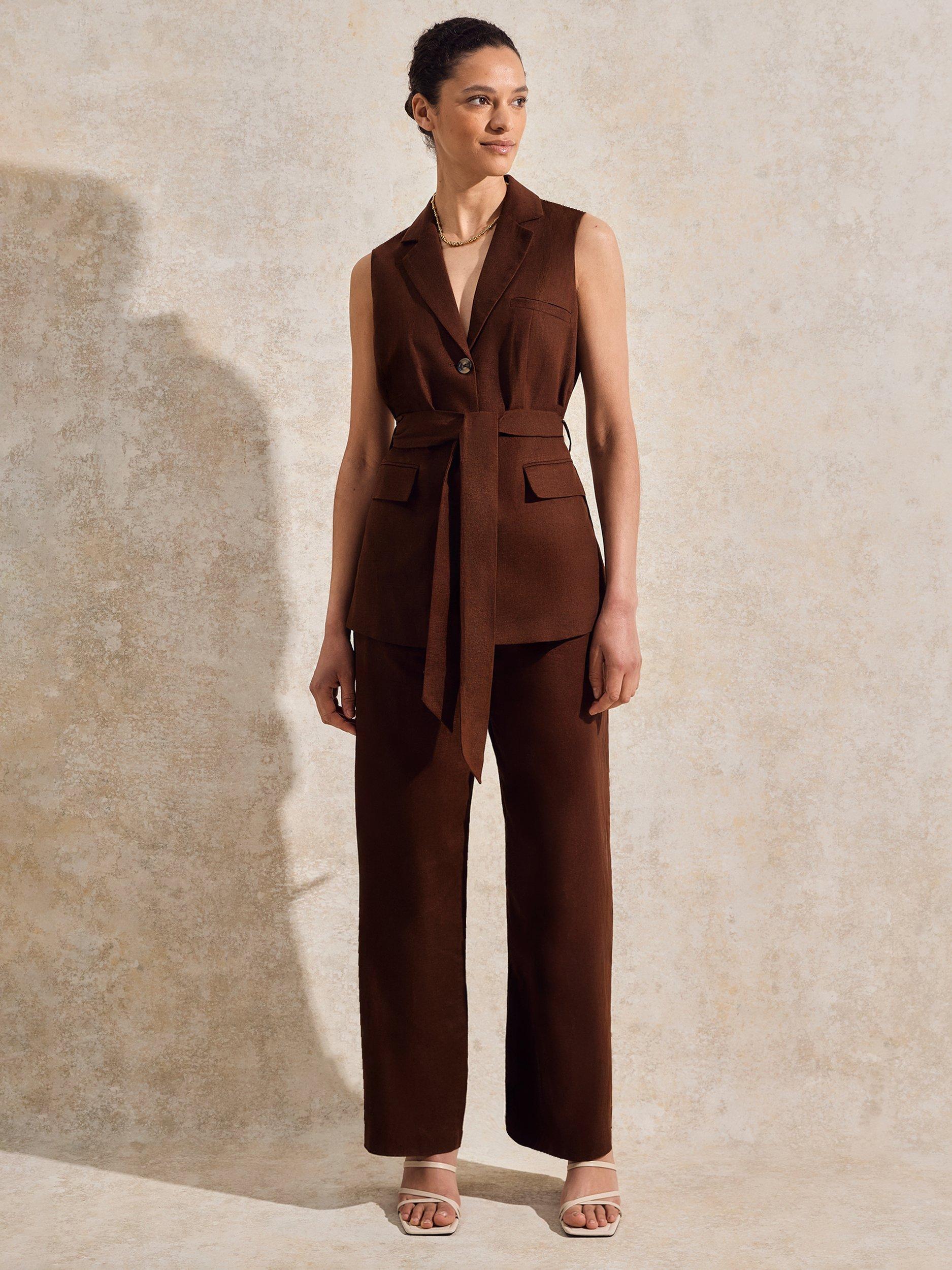 Product image 1 of 4, which shows Ro&Zo Tailored Linen Rich Waistcoat, Brown, 6