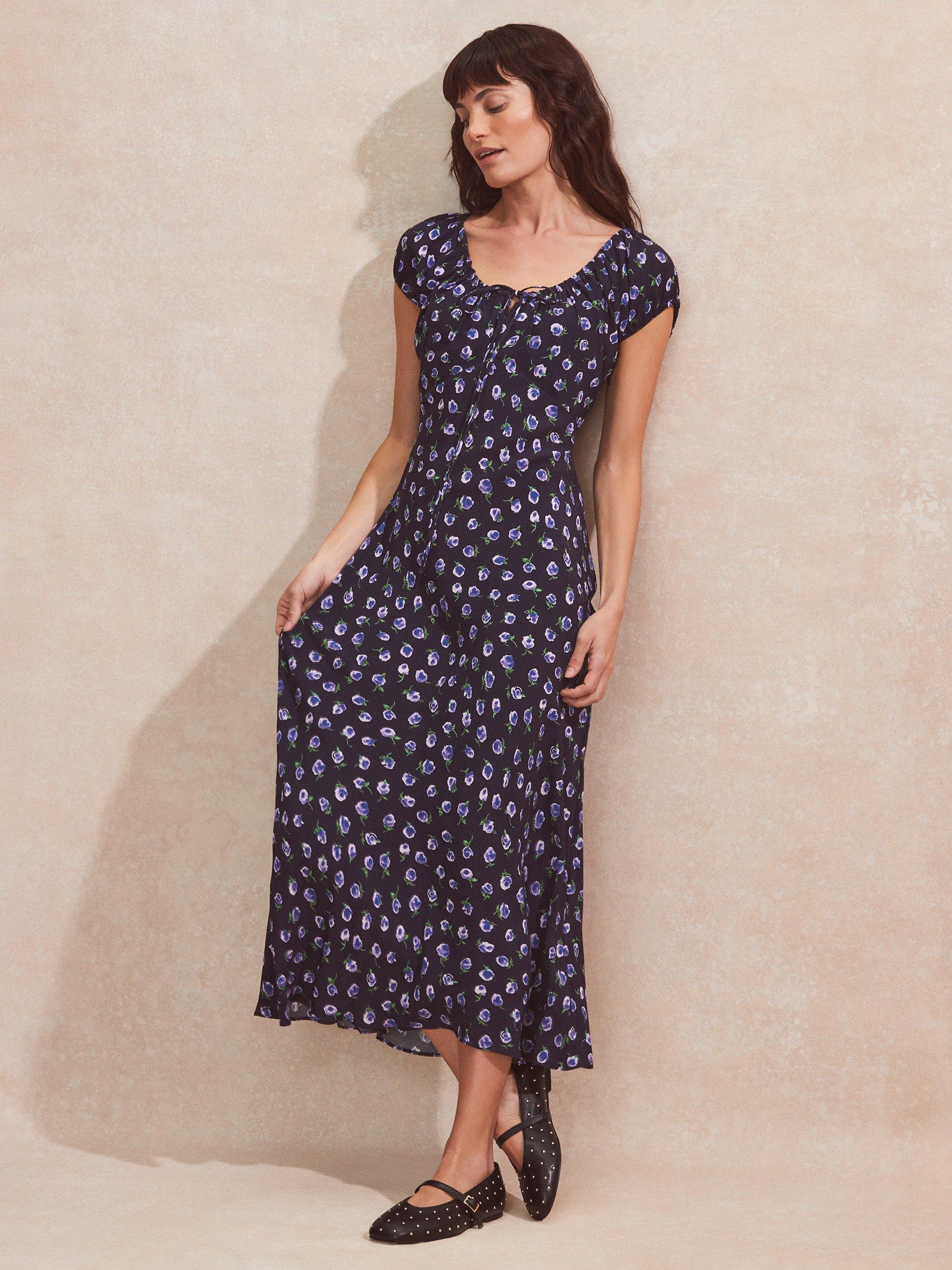 Product image 1 of 3, which shows Ro&Zo Petite Floral Gathered Neckline Midi Dress, Blue, 6
