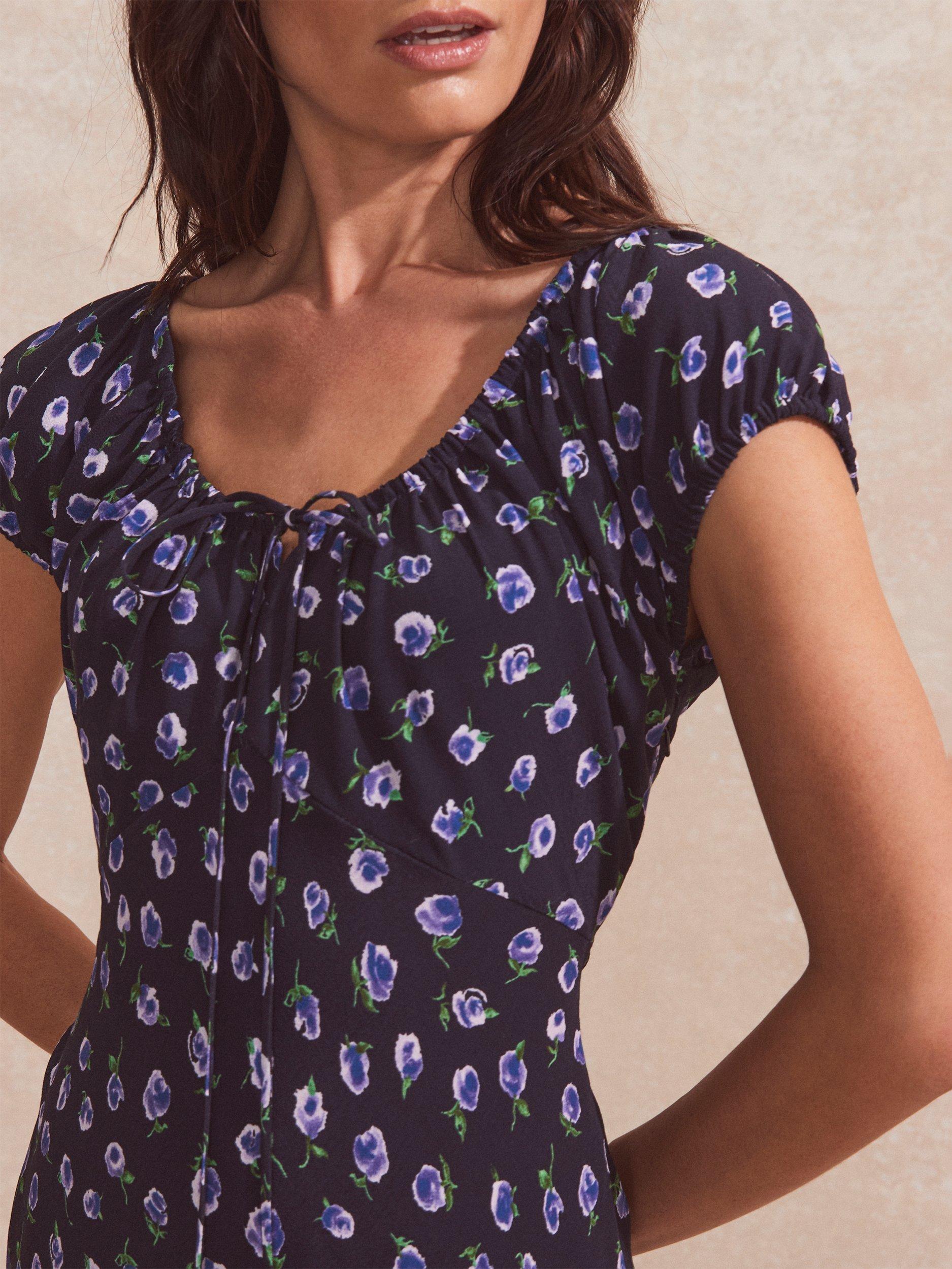 Product image 2 of 3, which shows Ro&Zo Petite Floral Gathered Neckline Midi Dress, Blue, 6