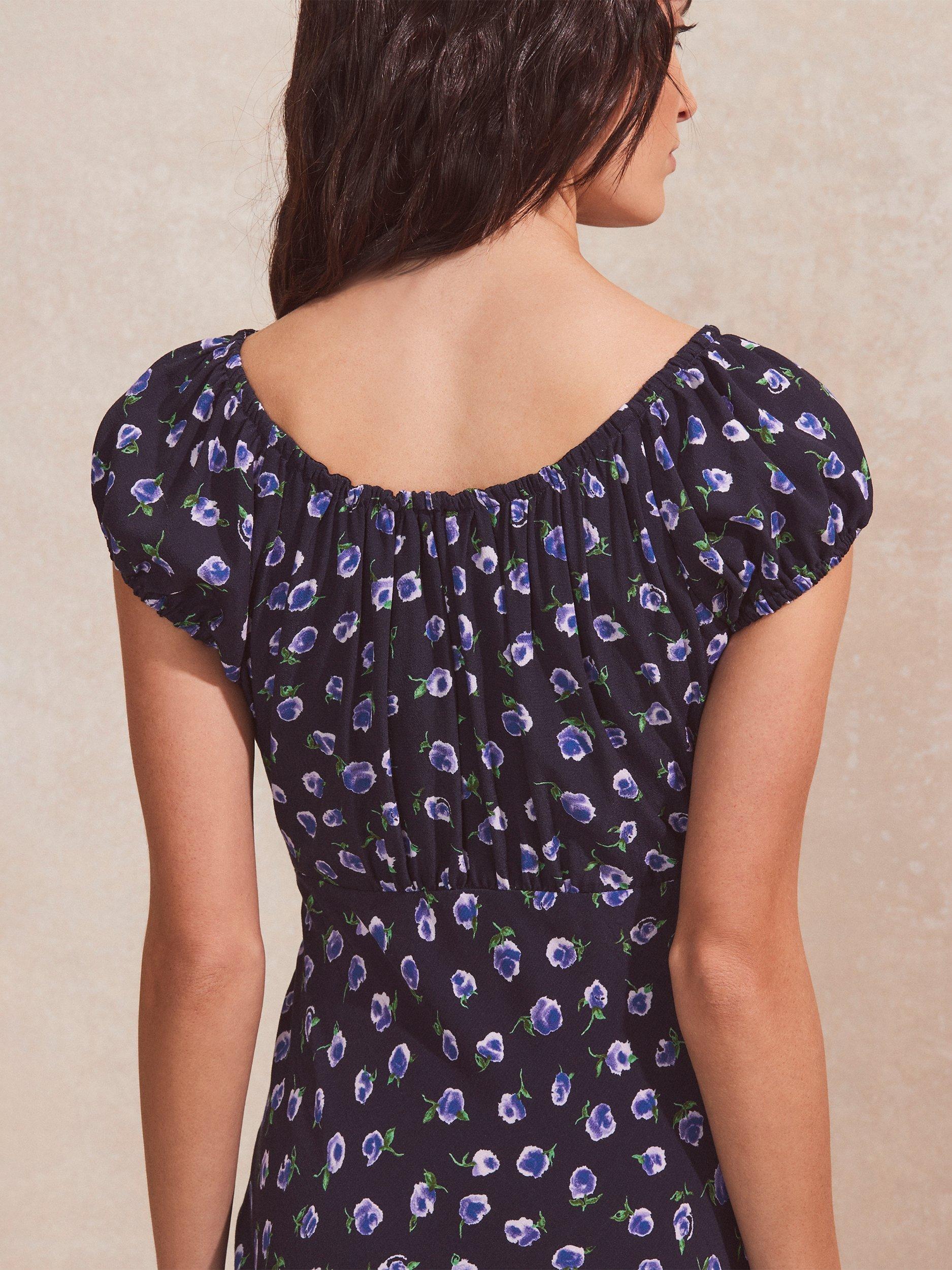 Product image 3 of 3, which shows Ro&Zo Petite Floral Gathered Neckline Midi Dress, Blue, 6
