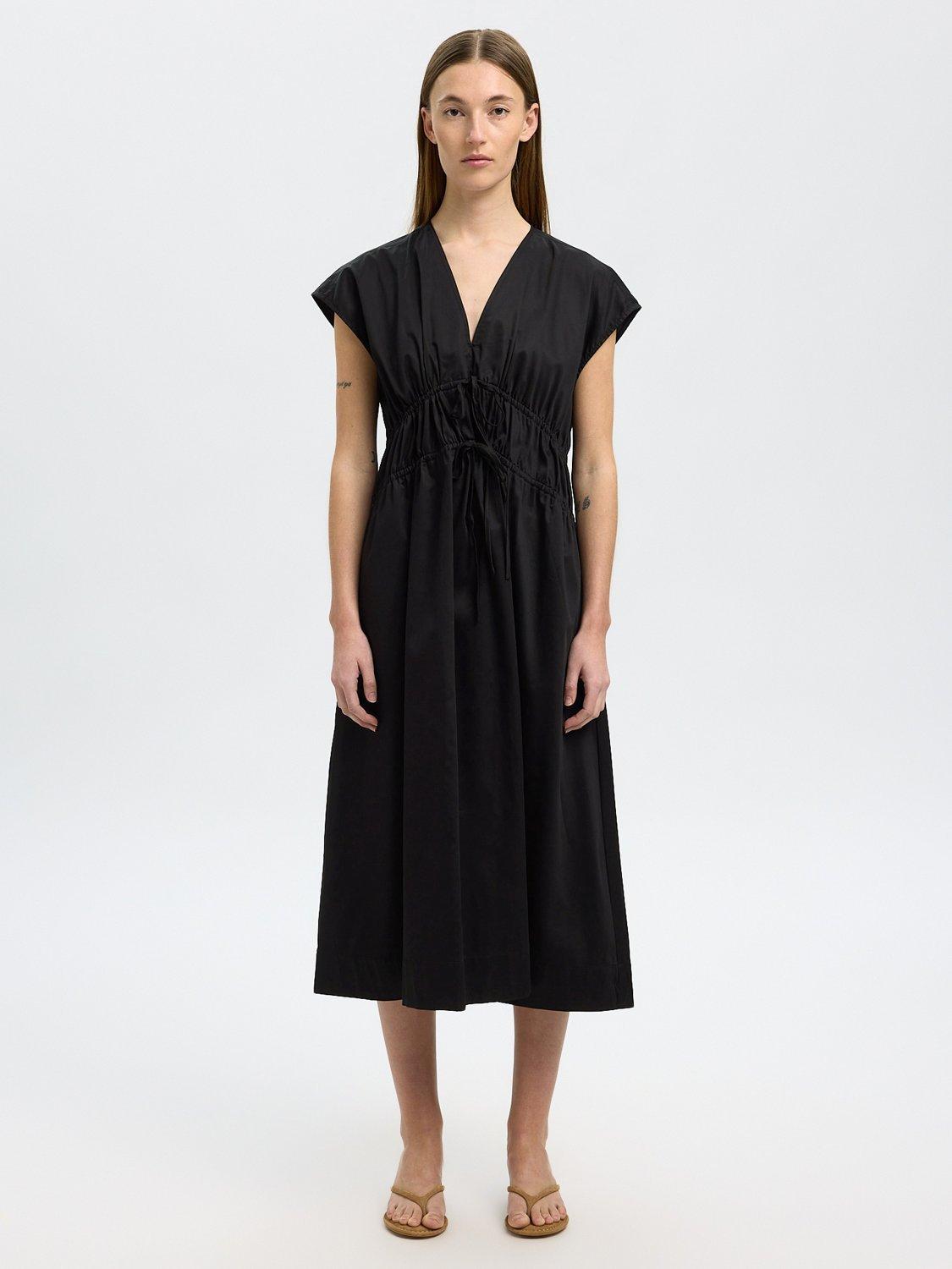 Product image 1 of 6, which shows Selected V-Neck Tie Cotton Midi Dress, Black, 34