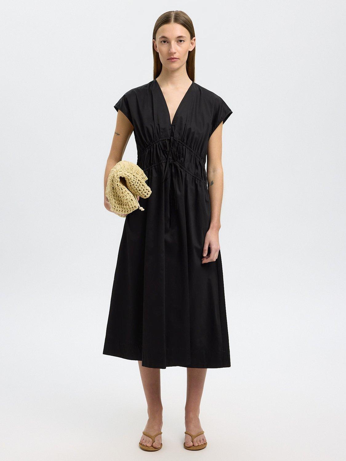 Product image 3 of 6, which shows Selected V-Neck Tie Cotton Midi Dress, Black, 34