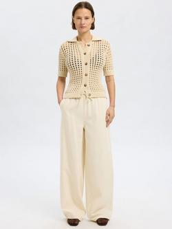 Selected High Rise Wide Leg Cotton Blend Trousers, Ecru, Ecru