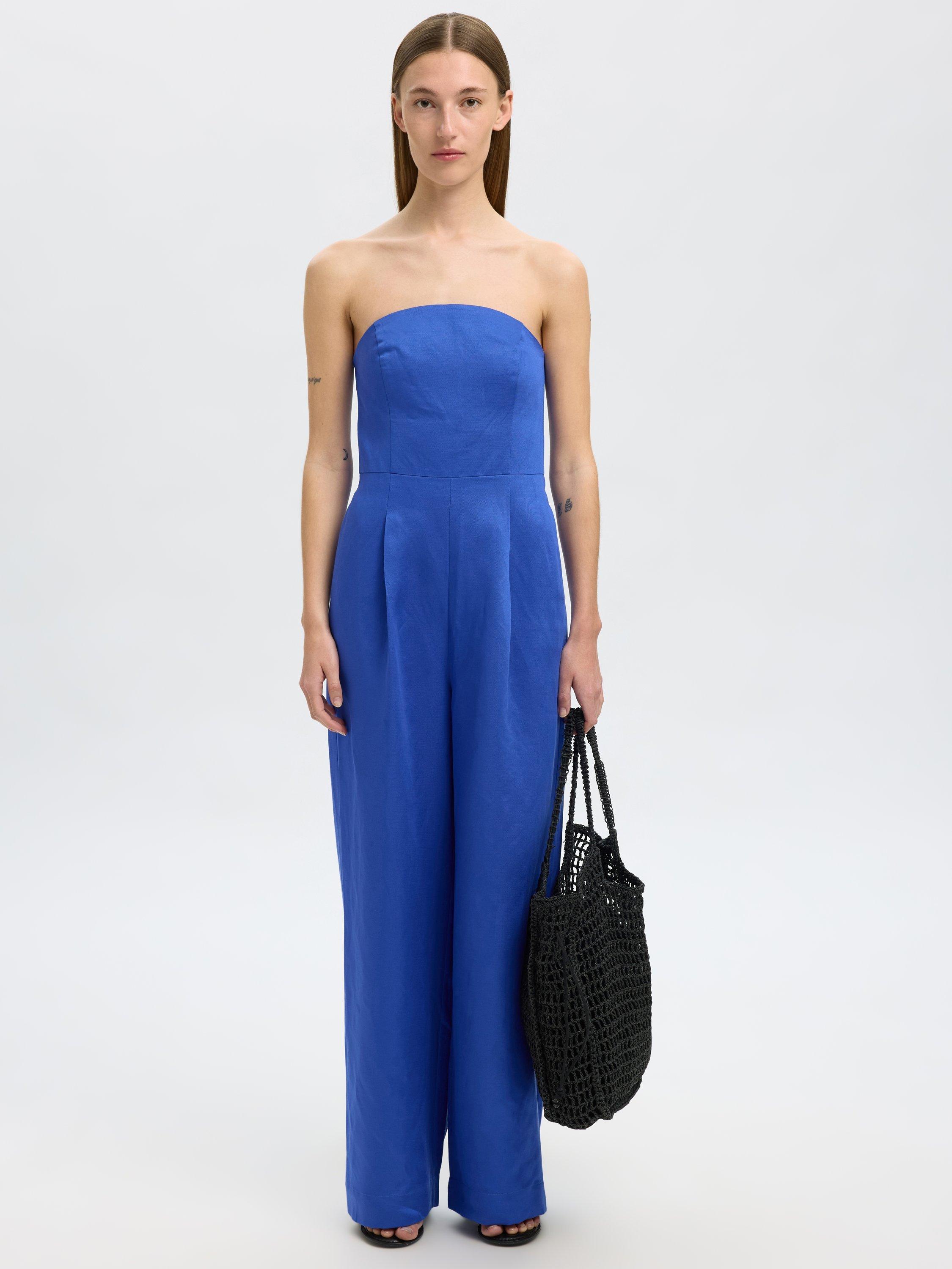 Product image 1 of 5, which shows Selected Bandeau Neck Linen Blend Jumpsuit containing TENCEL™ Lyocell, Dazzling Blue, 34