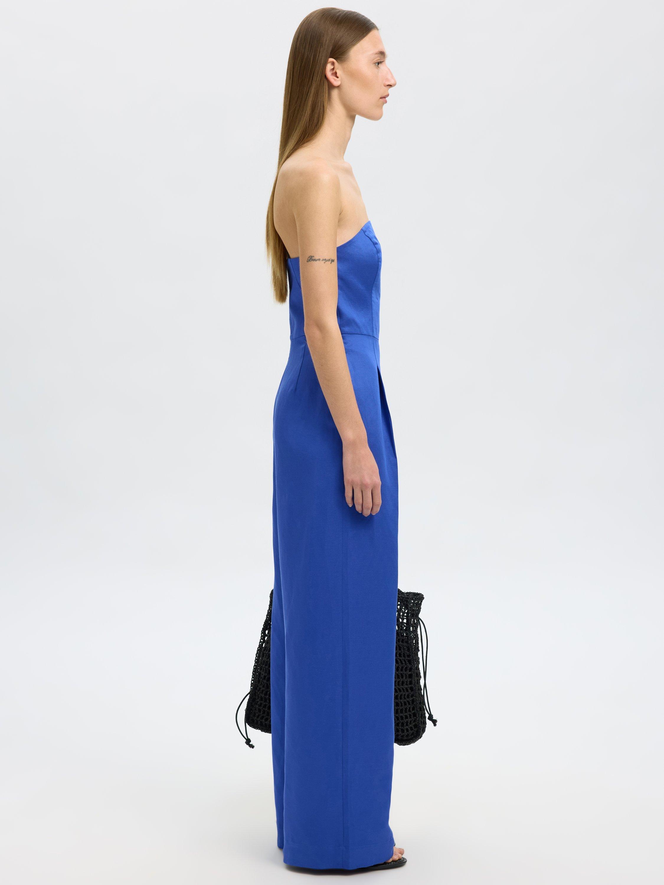 Product image 3 of 5, which shows Selected Bandeau Neck Linen Blend Jumpsuit containing TENCEL™ Lyocell, Dazzling Blue, 34