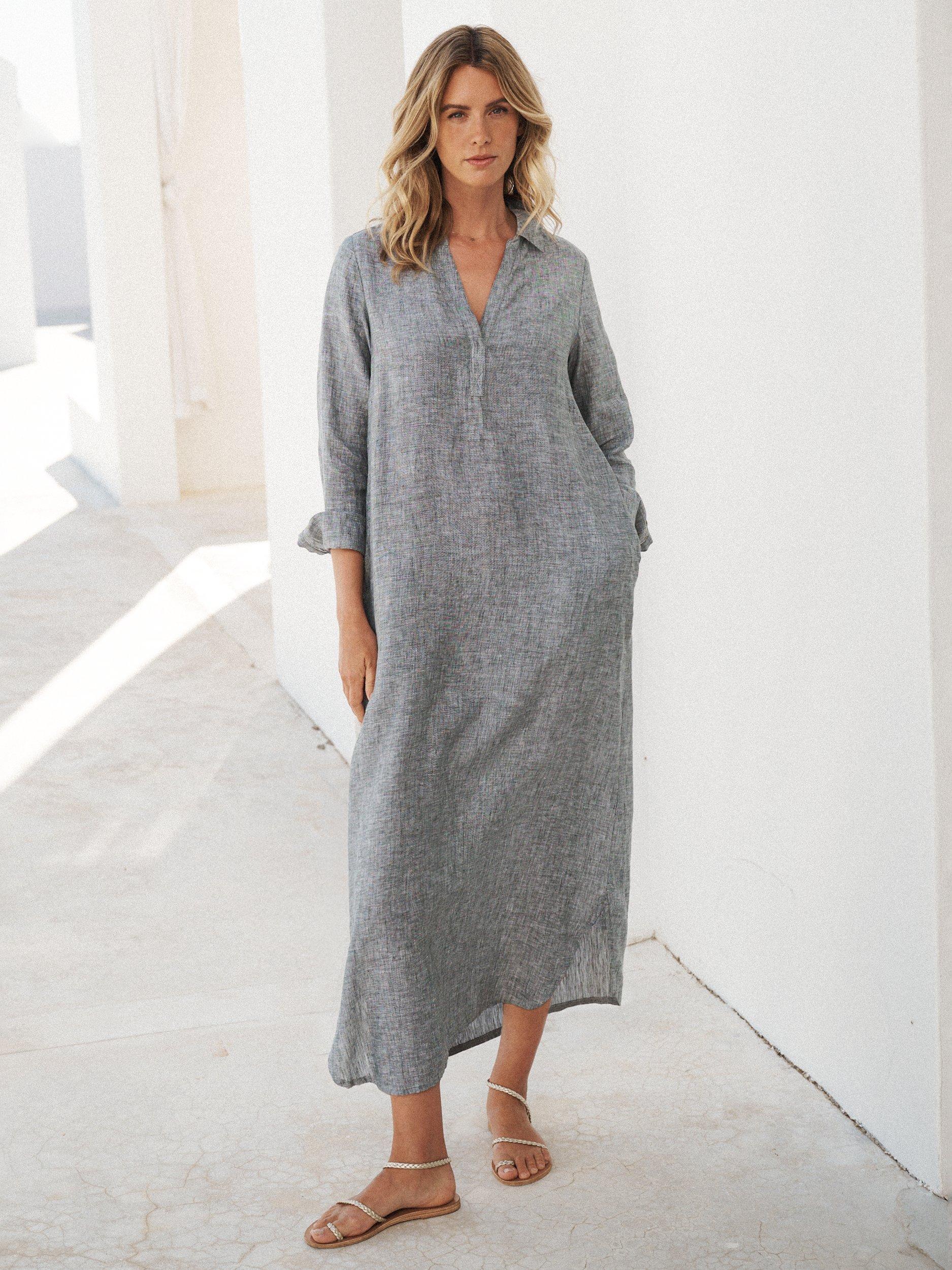 Product image 1 of 6, which shows NRBY Chrissie Cross Dyed Pure Linen Dress, Khaki Cross Dye, XS