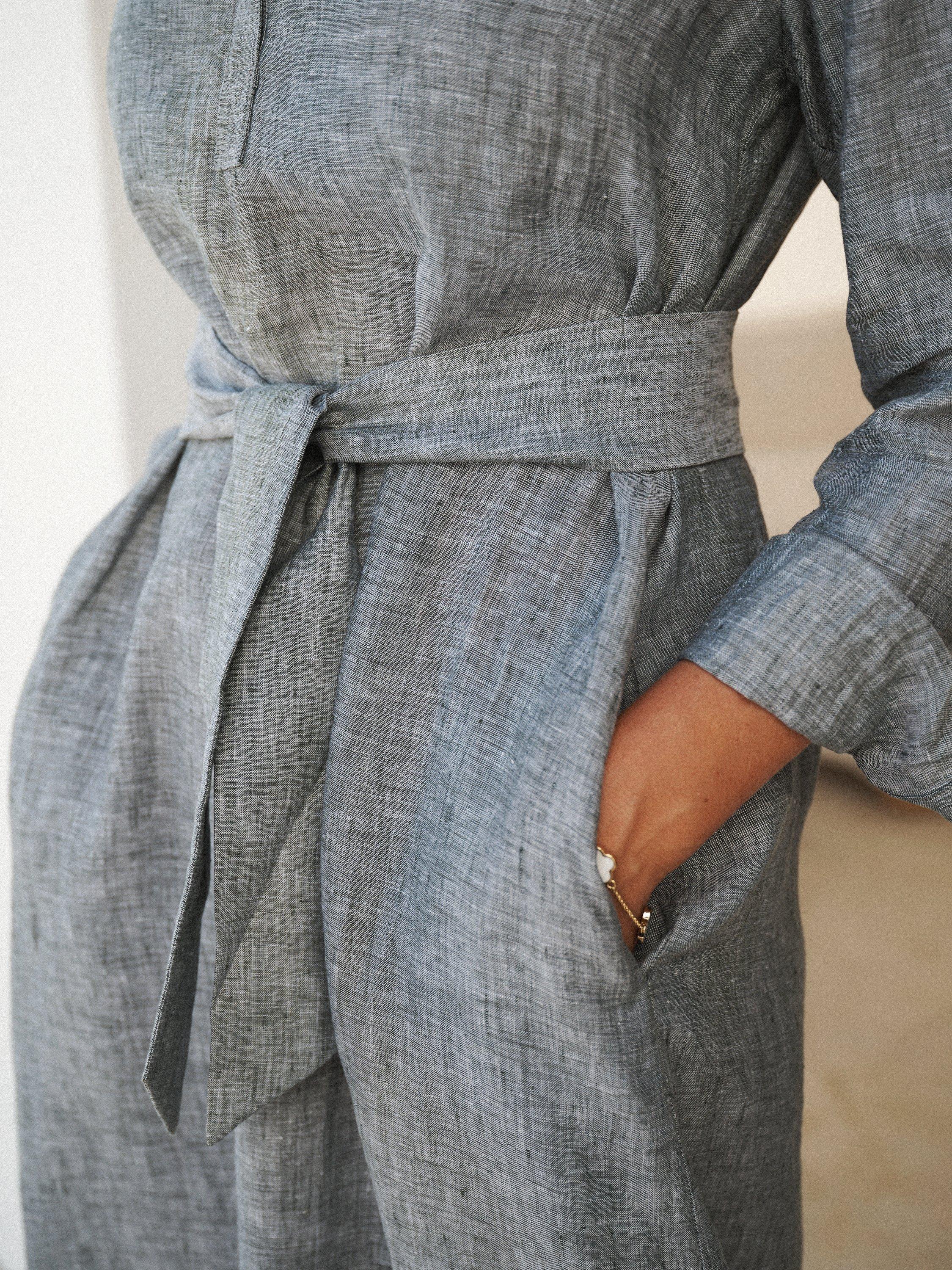 Product image 2 of 6, which shows NRBY Chrissie Cross Dyed Pure Linen Dress, Khaki Cross Dye, XS