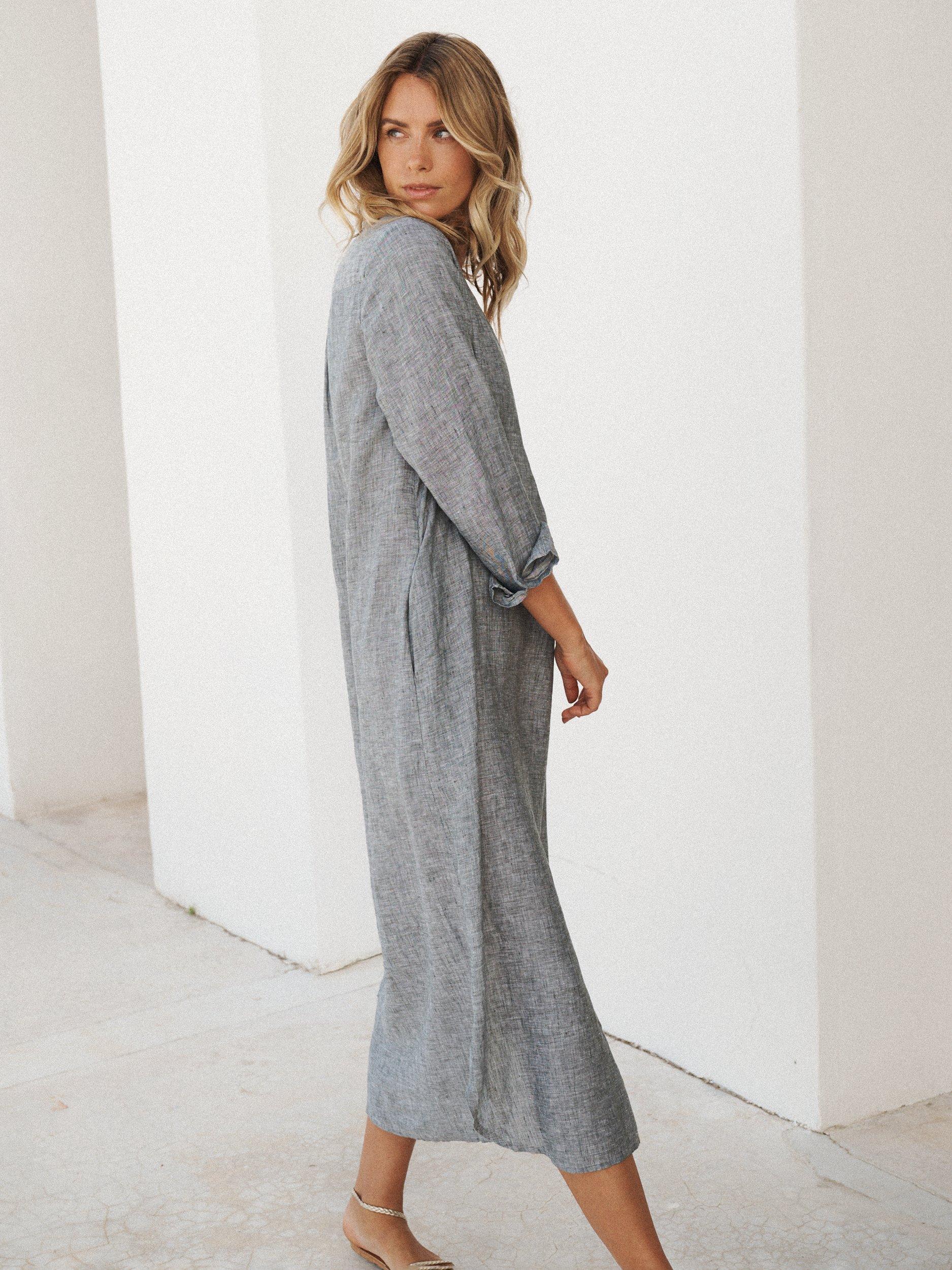 Product image 5 of 6, which shows NRBY Chrissie Cross Dyed Pure Linen Dress, Khaki Cross Dye, XS