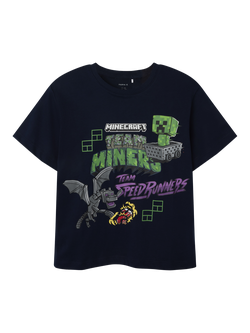 NAME IT Kids' Cotton Short Sleeved Minecraft T-Shirt, Navy Blazer, Navy Blazer