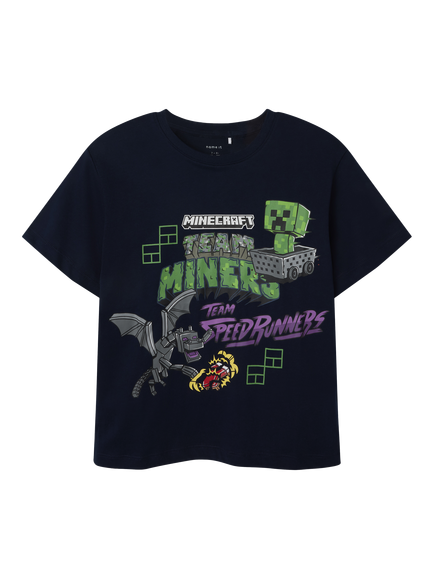 NAME IT Kids' Cotton Short Sleeved Minecraft T-Shirt, Navy Blazer, Navy Blazer