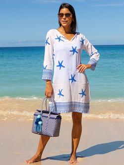 Aspiga Guadalupe Starfish Pure Organic Cotton Tunic Dress, White/Cobalt, White/Cobalt