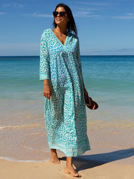 Aspiga Mykonos Animal Print Pure Organic Cotton Maxi Dress, White/Turquoise, White/Turquoise