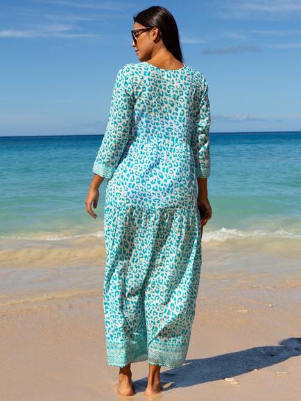 Aspiga Mykonos Animal Print Pure Organic Cotton Maxi Dress, White/Turquoise - view 2, White/Turquoise